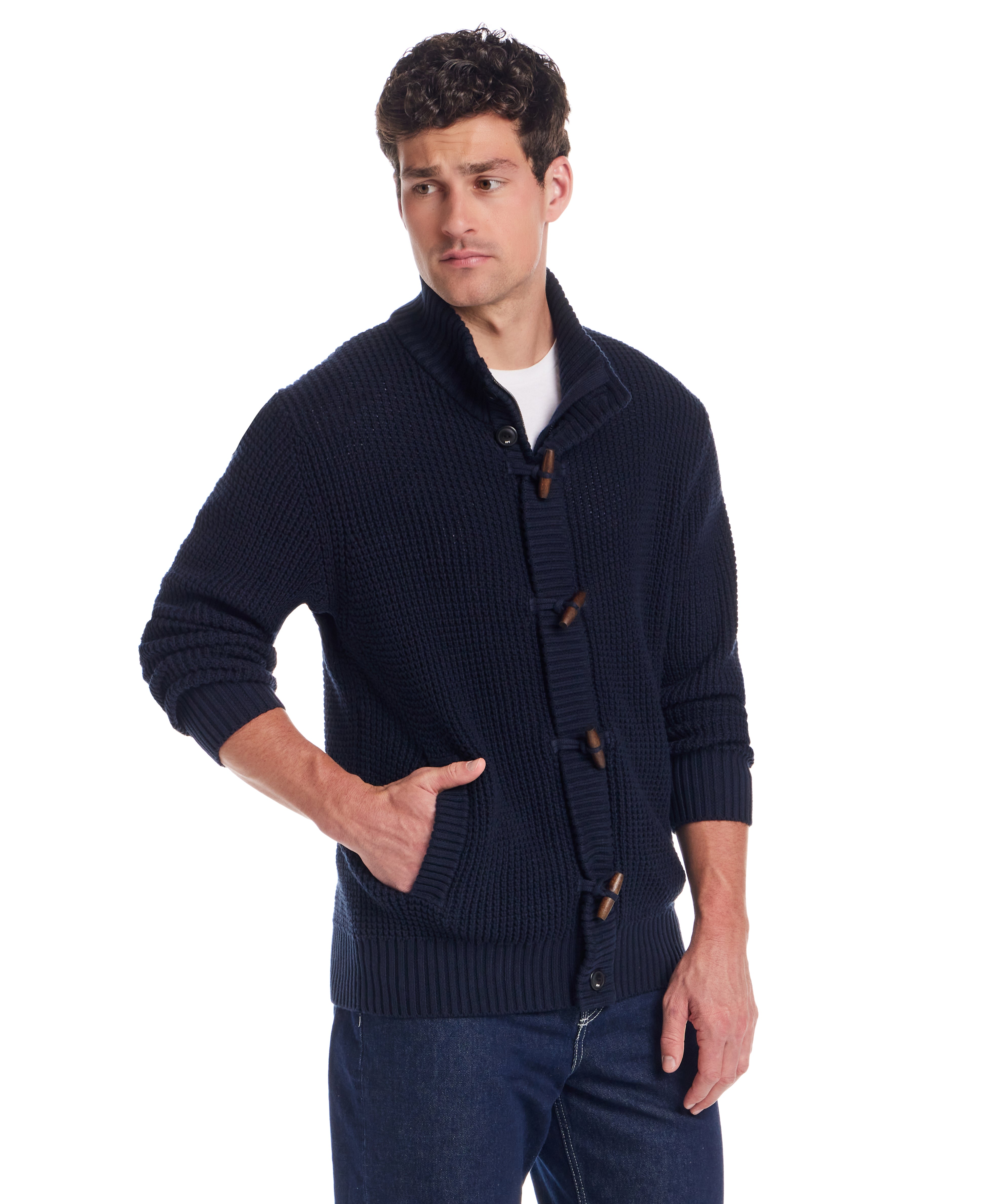 Tuck Stitch Sweater Jacket in New Navy