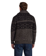 Rear view of a man wearing a charcoal shawl collar sweater jacket with patterned yoke detail.