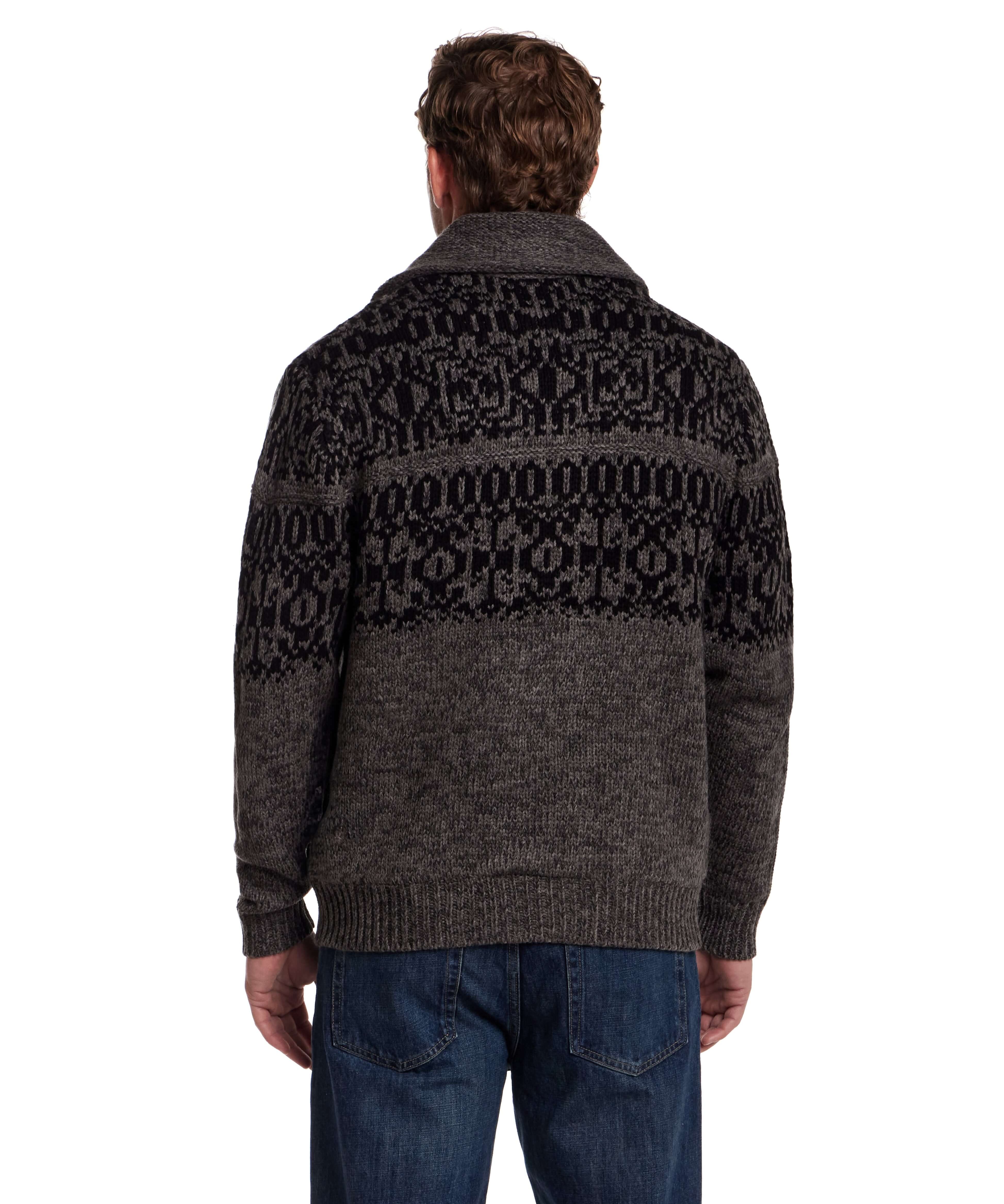 Rear view of a man wearing a charcoal shawl collar sweater jacket with patterned yoke detail.
