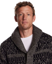 Man wearing a charcoal shawl collar sweater jacket featuring a textured knit and button closure.