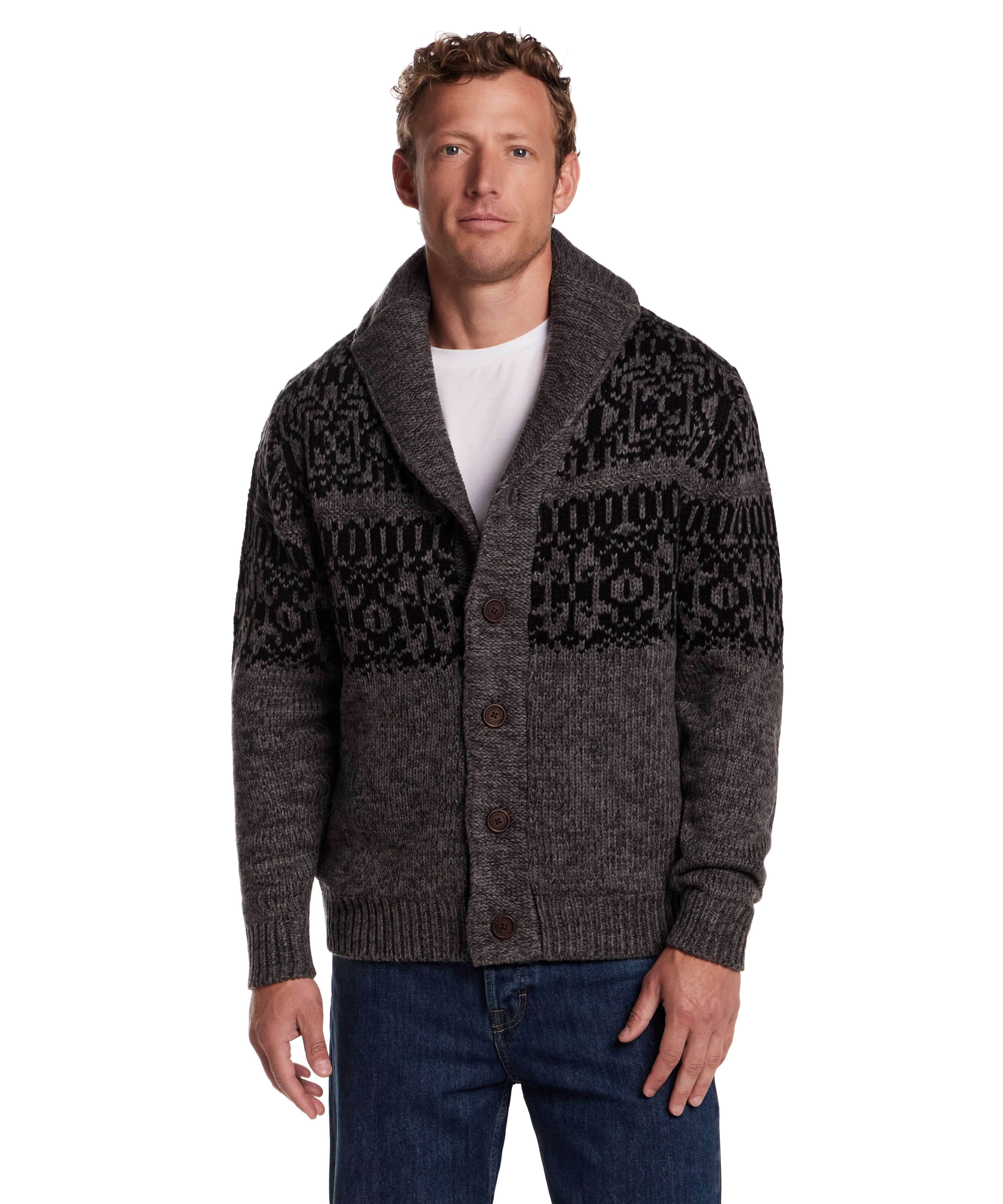 Man wearing a shawl collar sweater jacket in charcoal, featuring intricate patterns and button-front closure.