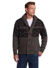 Charcoal shawl collar sweater jacket with button closure and textured knit, showcasing vintage alpine style.
