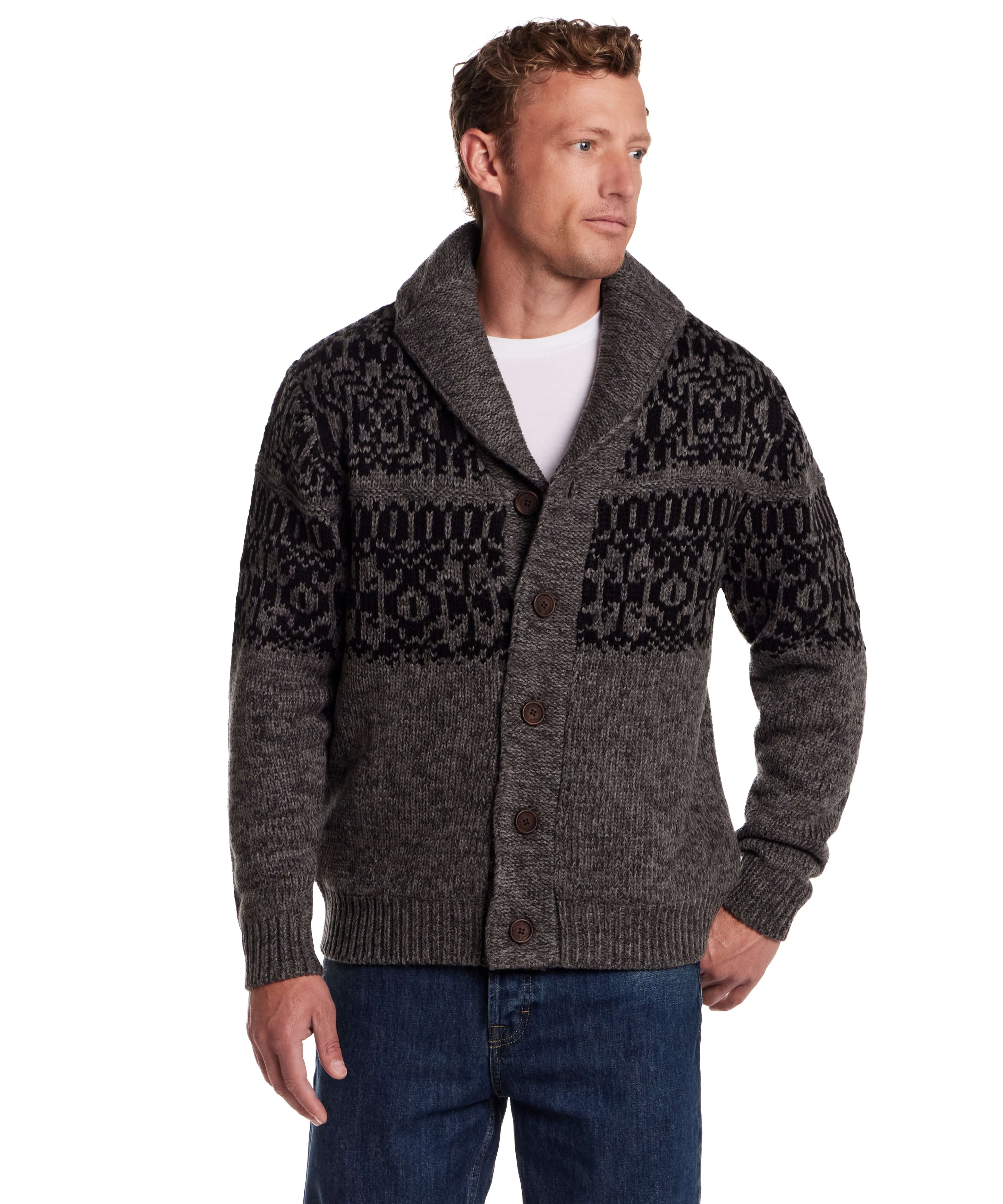 Charcoal shawl collar sweater jacket with button closure and textured knit, showcasing vintage alpine style.