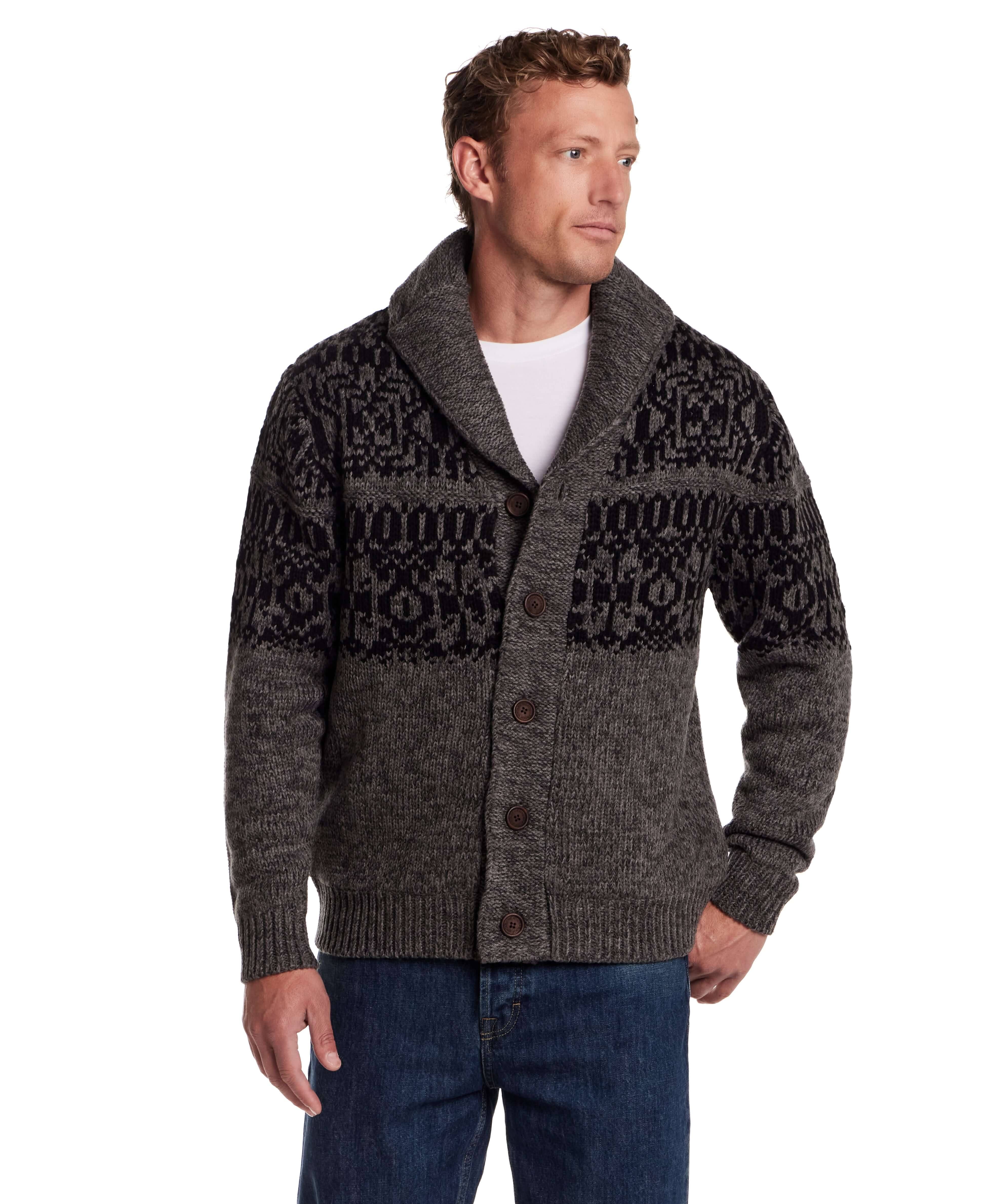 Charcoal shawl collar sweater jacket with button closure and textured knit, showcasing vintage alpine style.