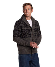 Man wearing a charcoal shawl collar sweater jacket with a textured knit and button closure, featuring a cozy sherpa lining.