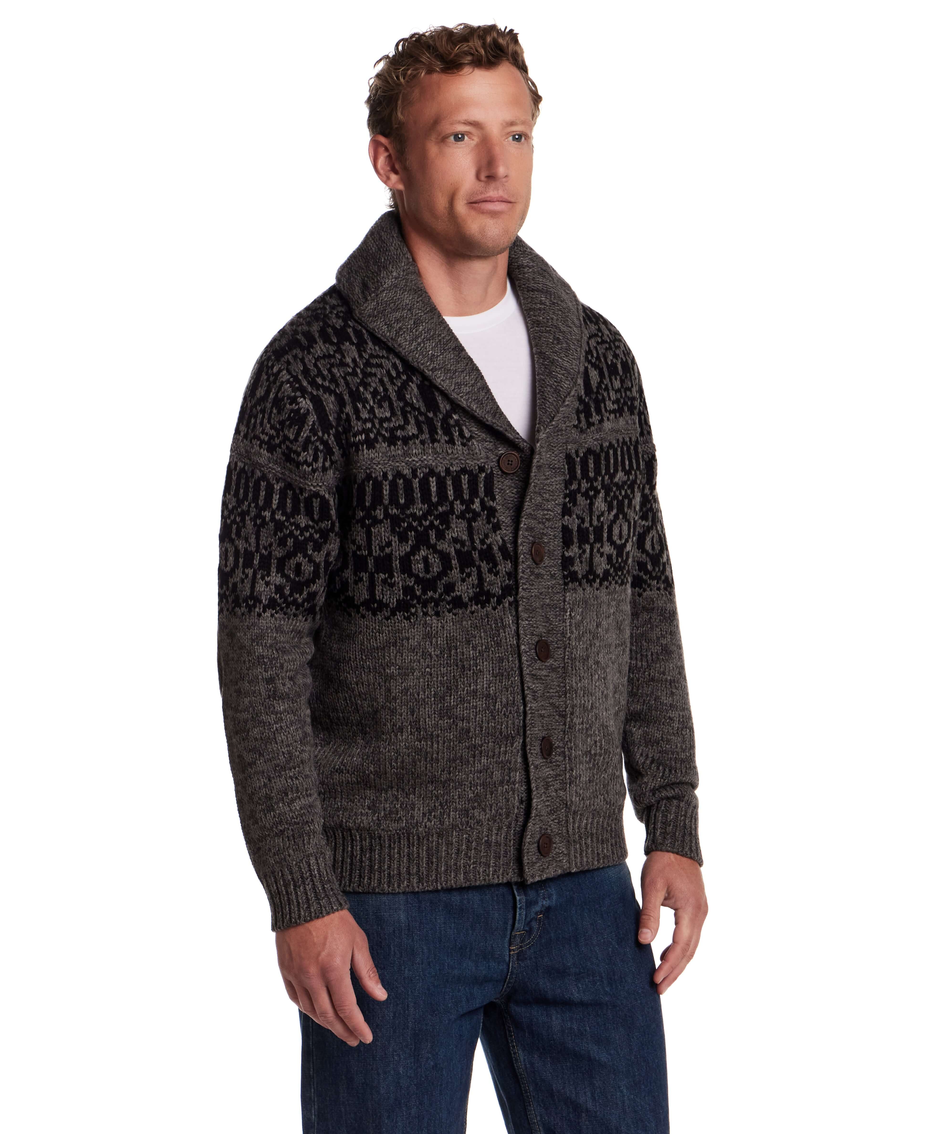 Man wearing a charcoal shawl collar sweater jacket with textured knit and button closure, showcasing vintage alpine style.