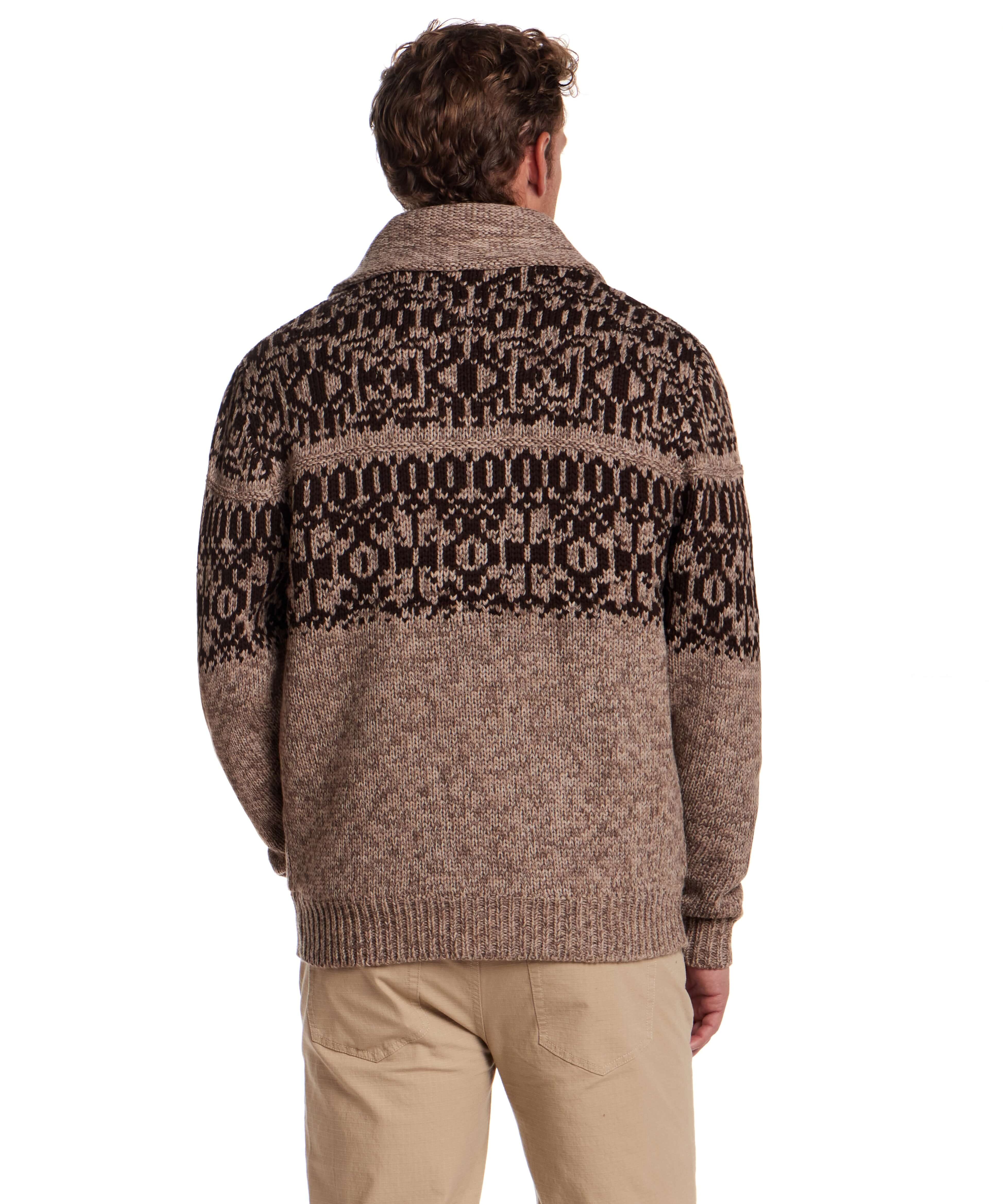 Men's shawl collar sweater jacket in mocha with intricate patterned back design, showcasing vintage-inspired comfort.