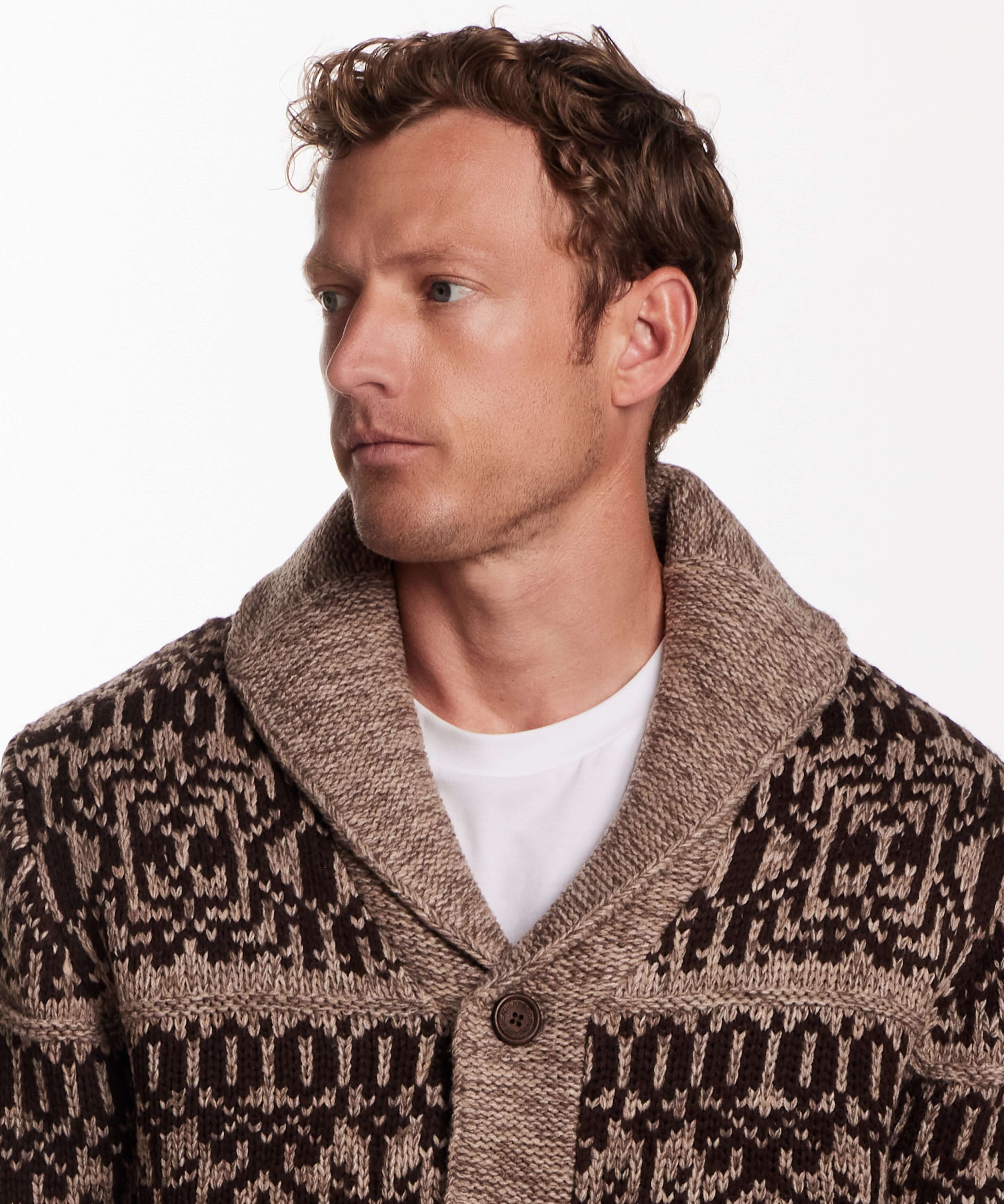 Man wearing a shawl collar sweater jacket in mocha with a textured knit pattern, featuring a button closure.