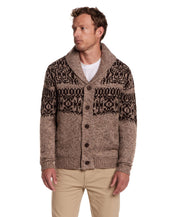 Shawl collar sweater jacket in mocha with textured knit and button closure, featuring a cozy sherpa lining.