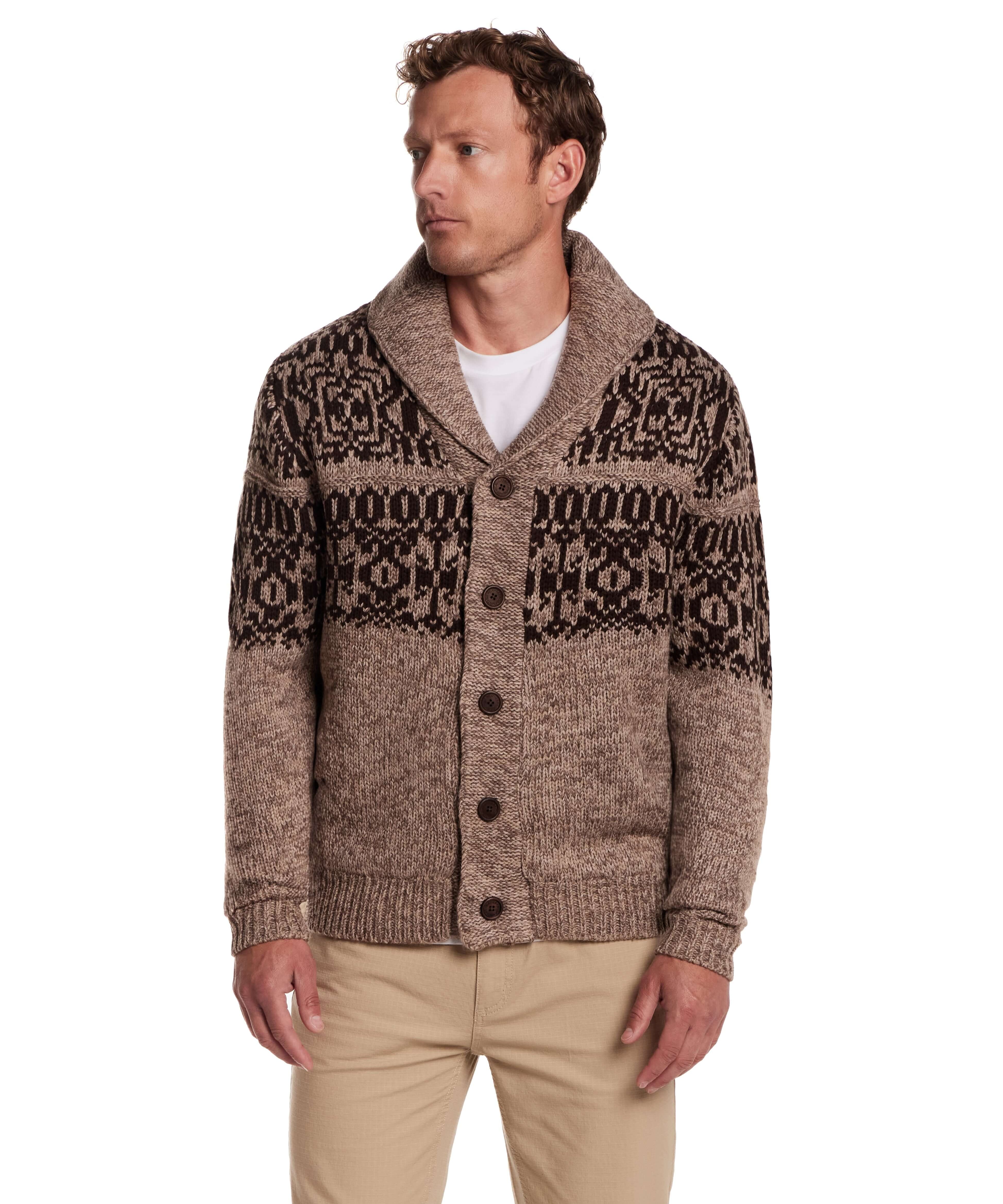 Shawl collar sweater jacket in mocha with textured knit and button closure, featuring a cozy sherpa lining.