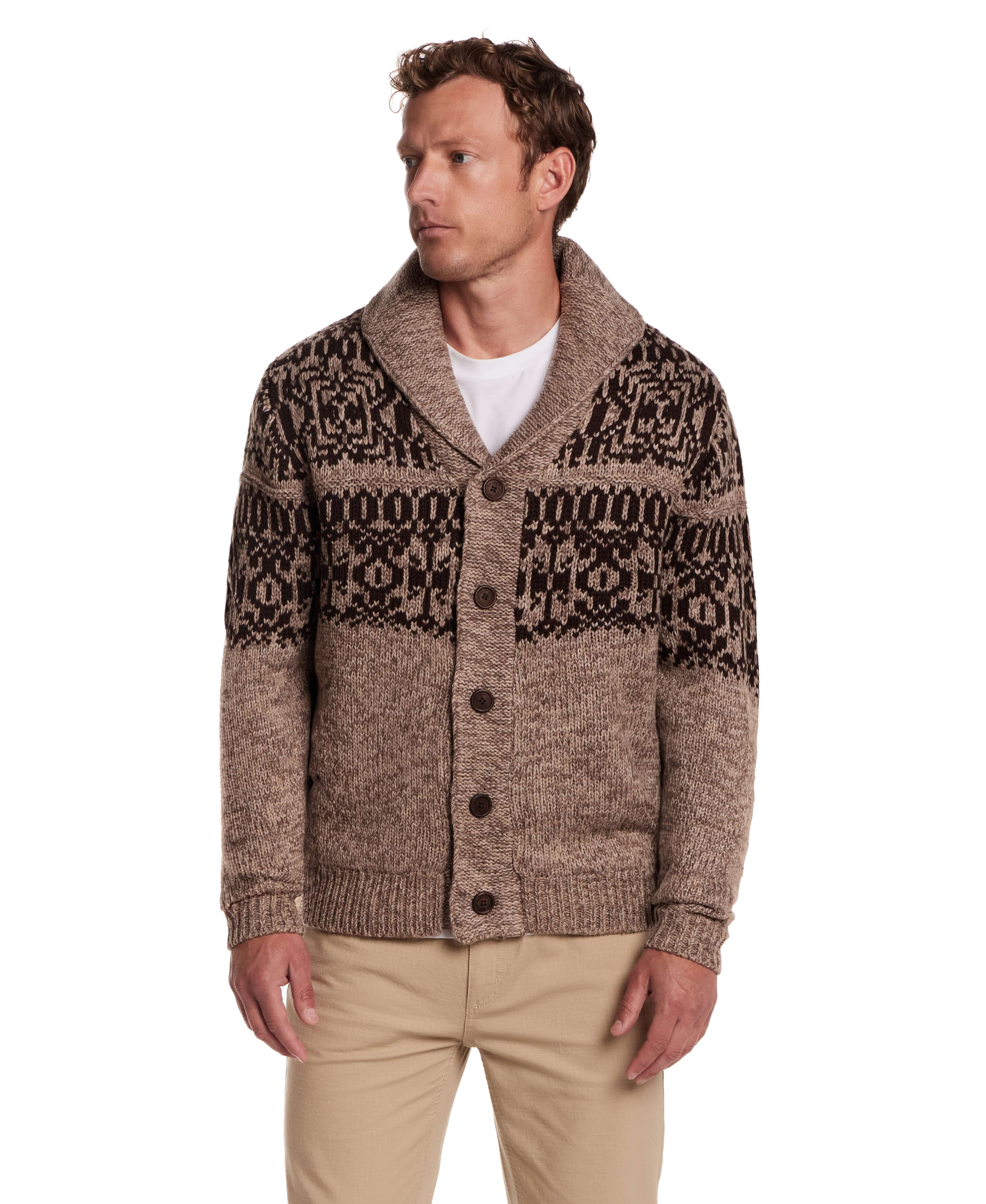 Shawl collar sweater jacket in mocha with textured knit and button closure, featuring a cozy sherpa lining.