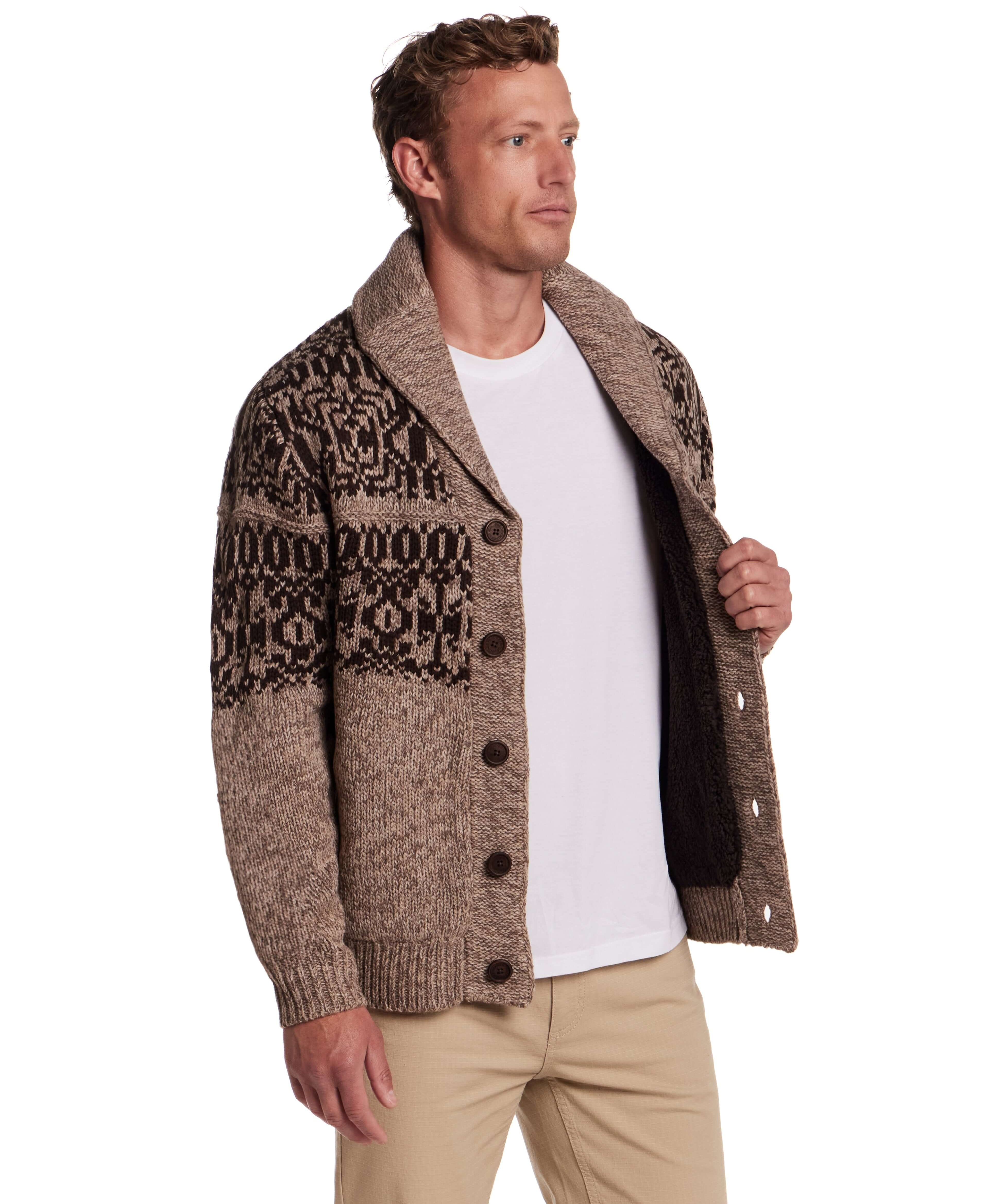 Man wearing a shawl collar sweater jacket in mocha, featuring black patterned details and button closure.