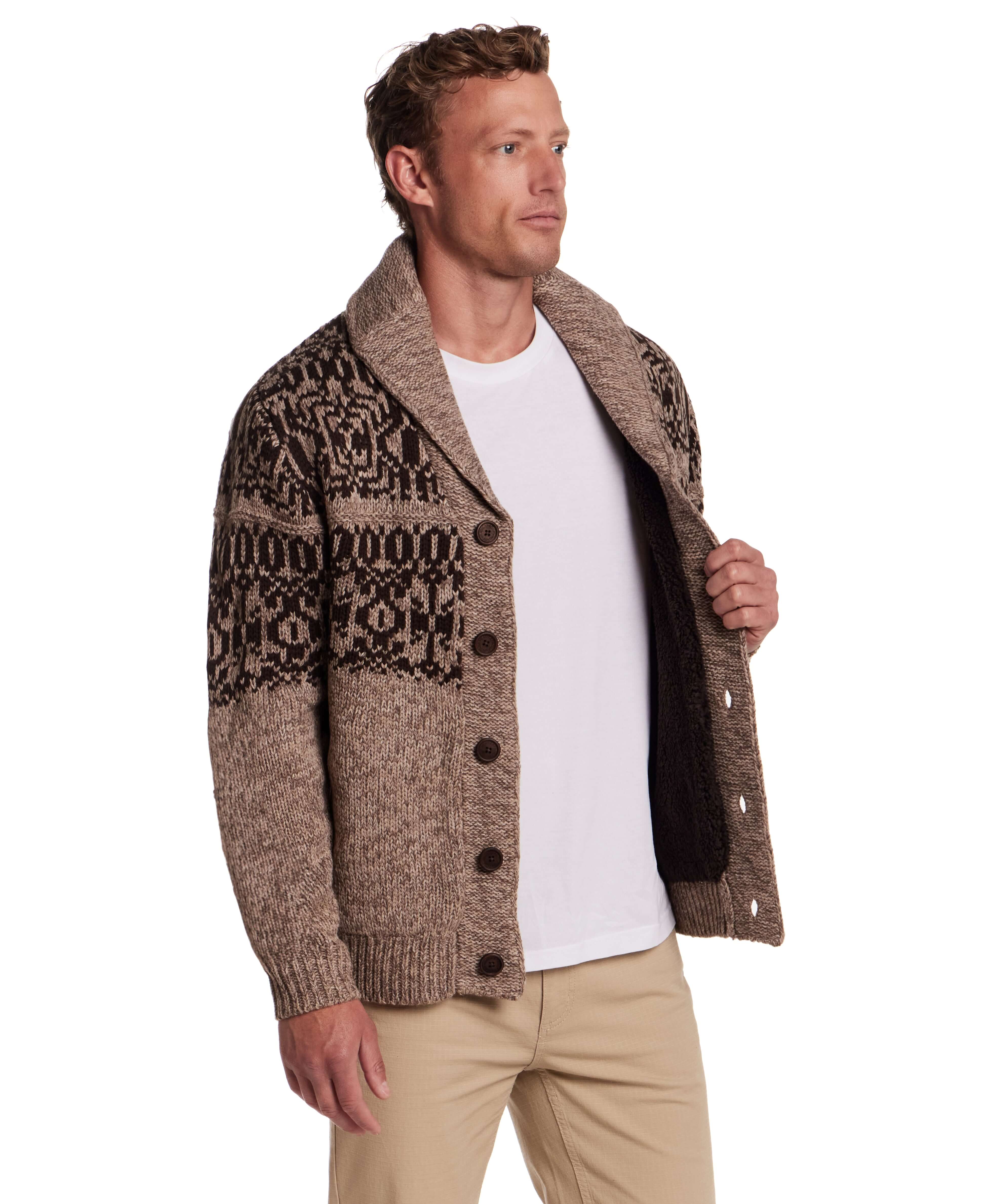 Man wearing a shawl collar sweater jacket in mocha, featuring black patterned details and button closure.