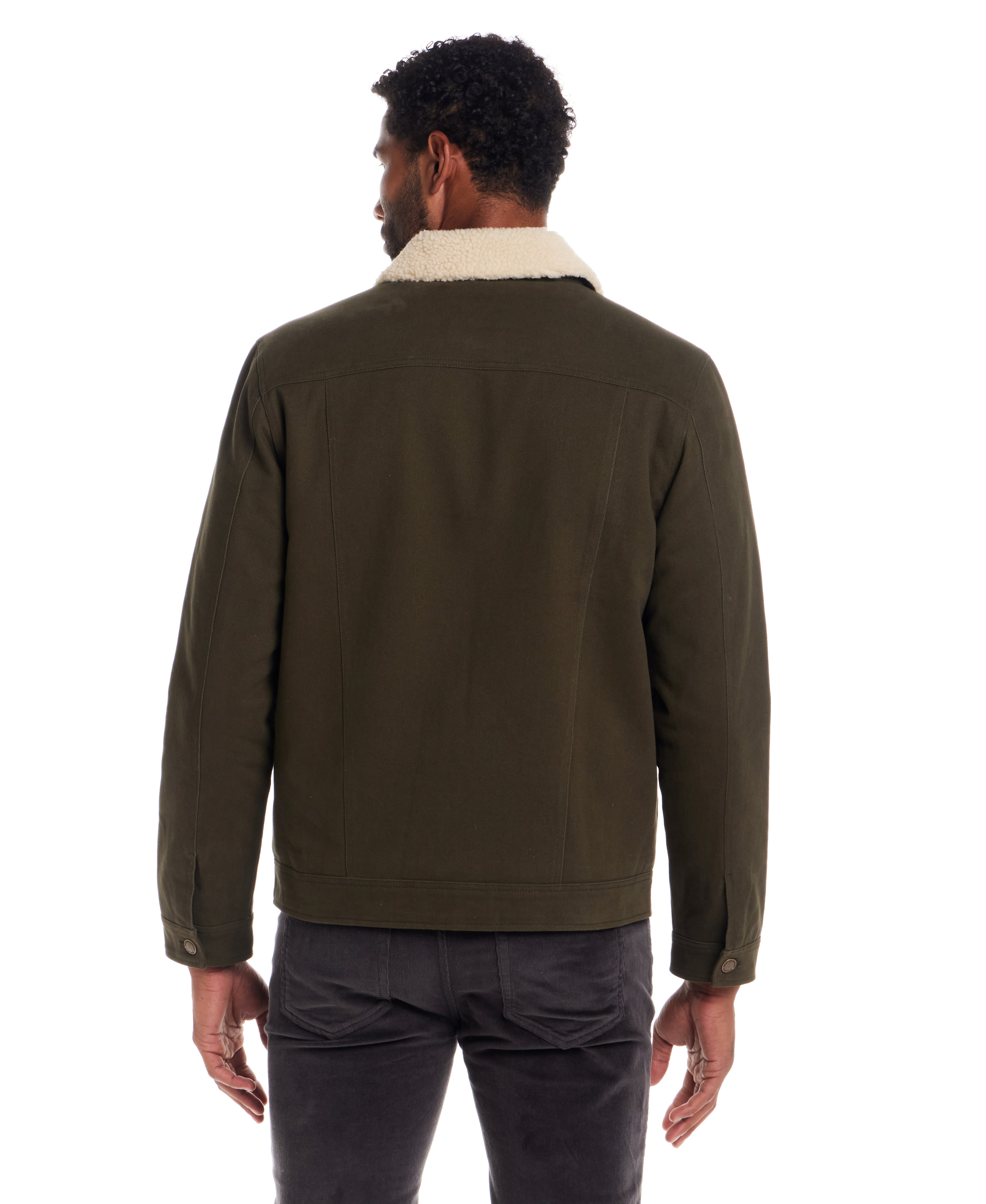 Sherpa Lined Canvas Twill Trucker in Dark Olive, showing the back view featuring a sherpa collar.