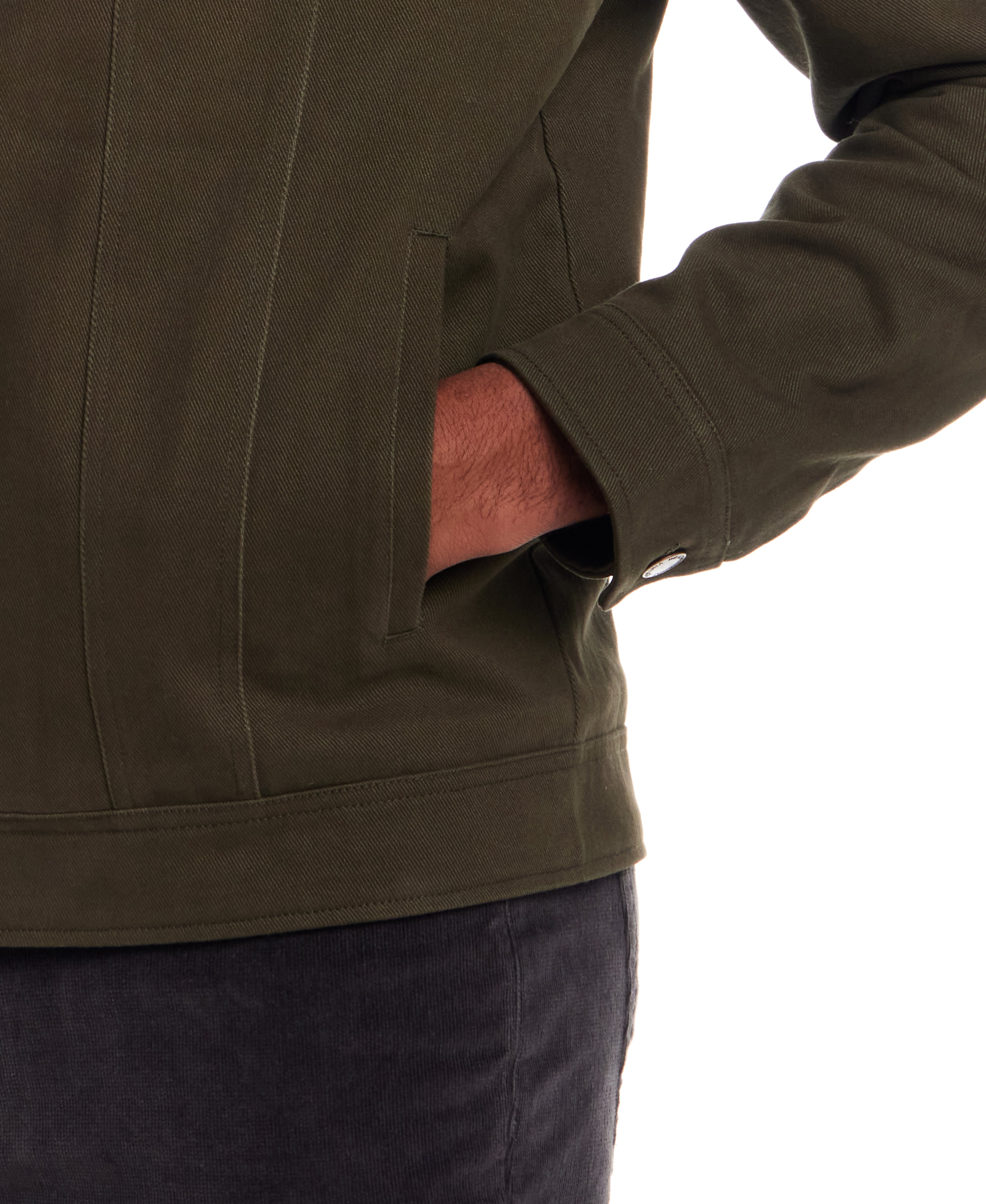 Sherpa Lined Canvas Twill Trucker in Dark Olive