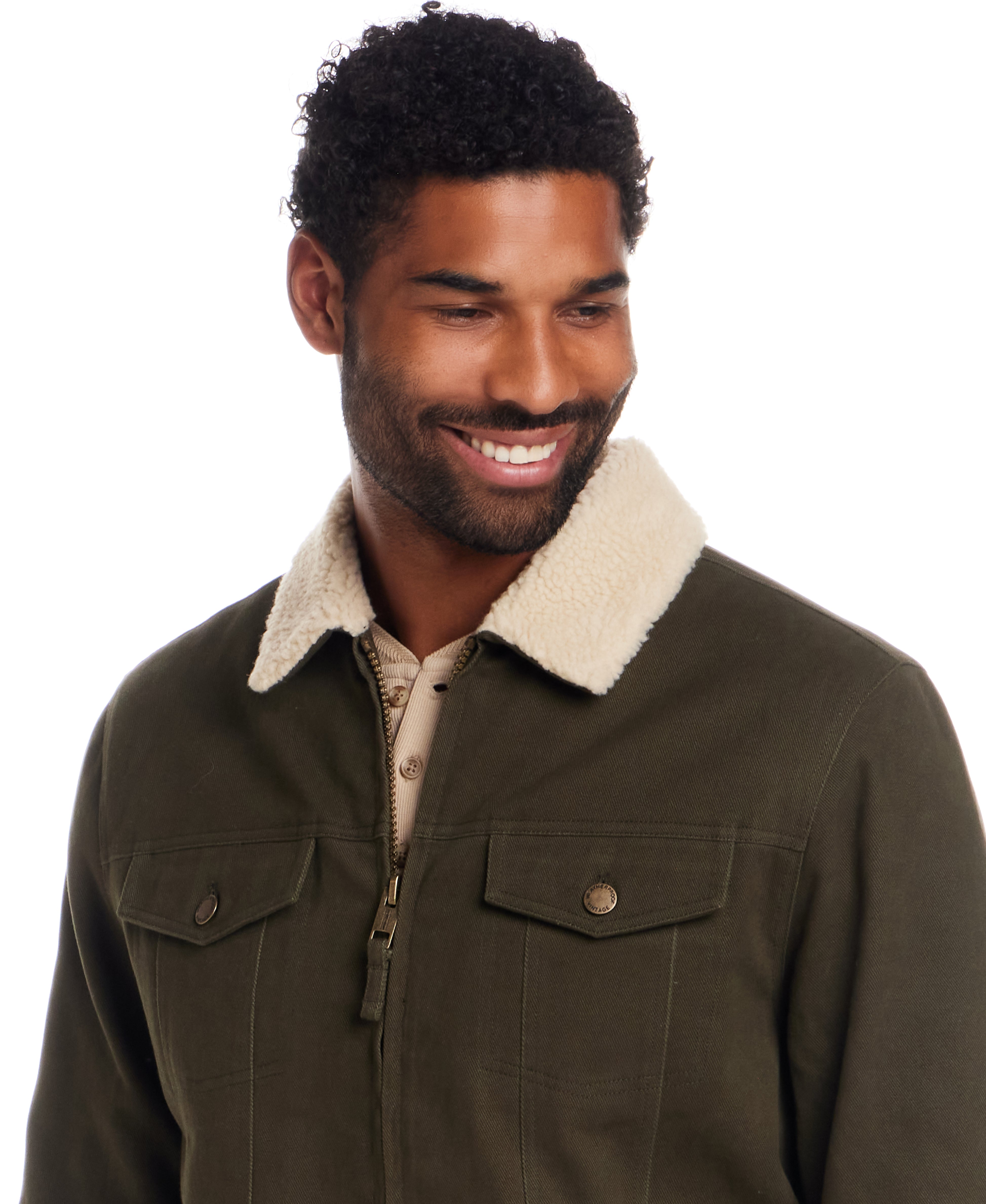 Sherpa Lined Canvas Twill Trucker in Dark Olive