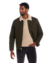 Sherpa Lined Canvas Twill Trucker in Dark Olive