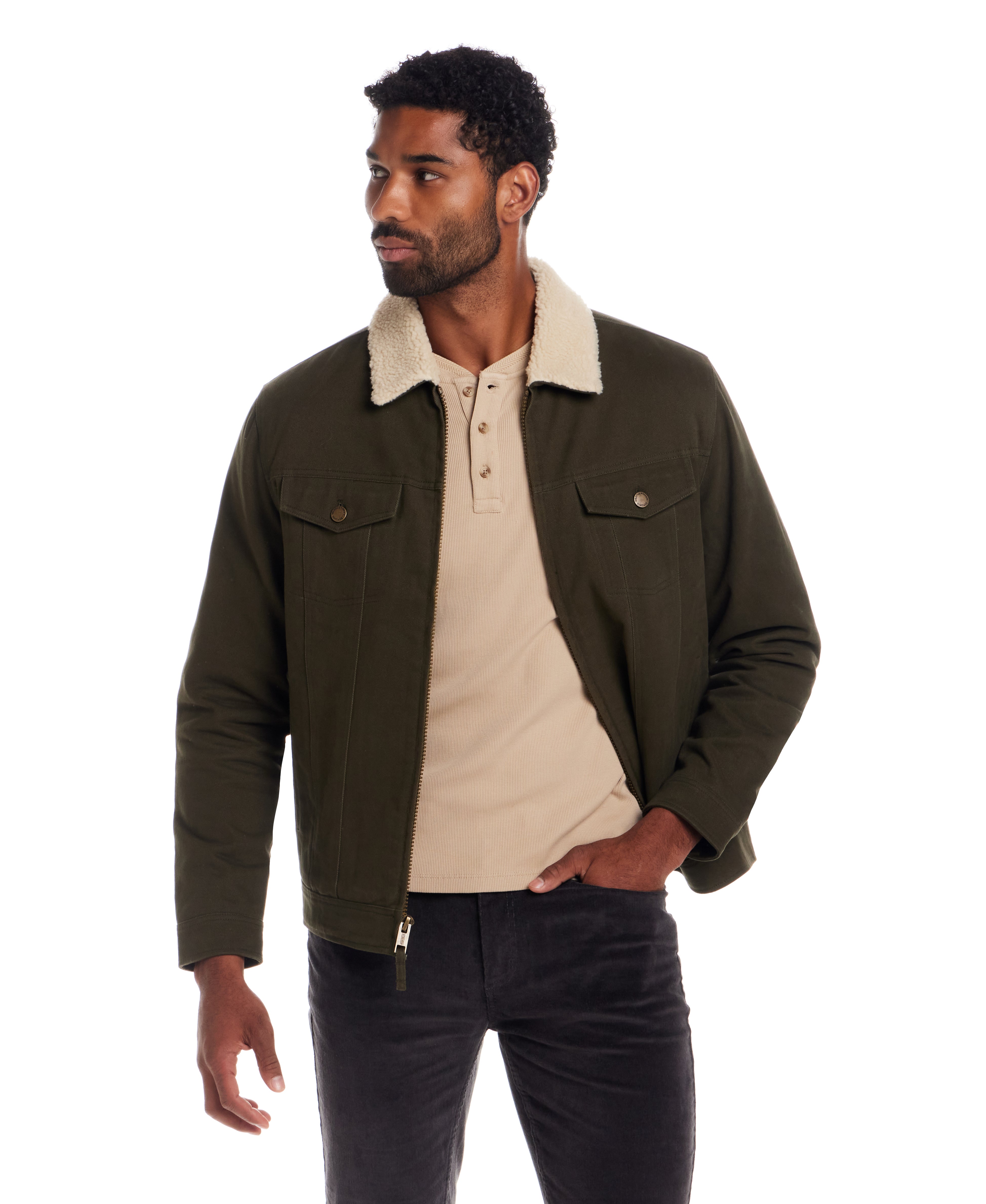 Sherpa Lined Canvas Twill Trucker in Dark Olive