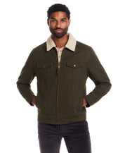 Sherpa Lined Canvas Twill Trucker in Dark Olive