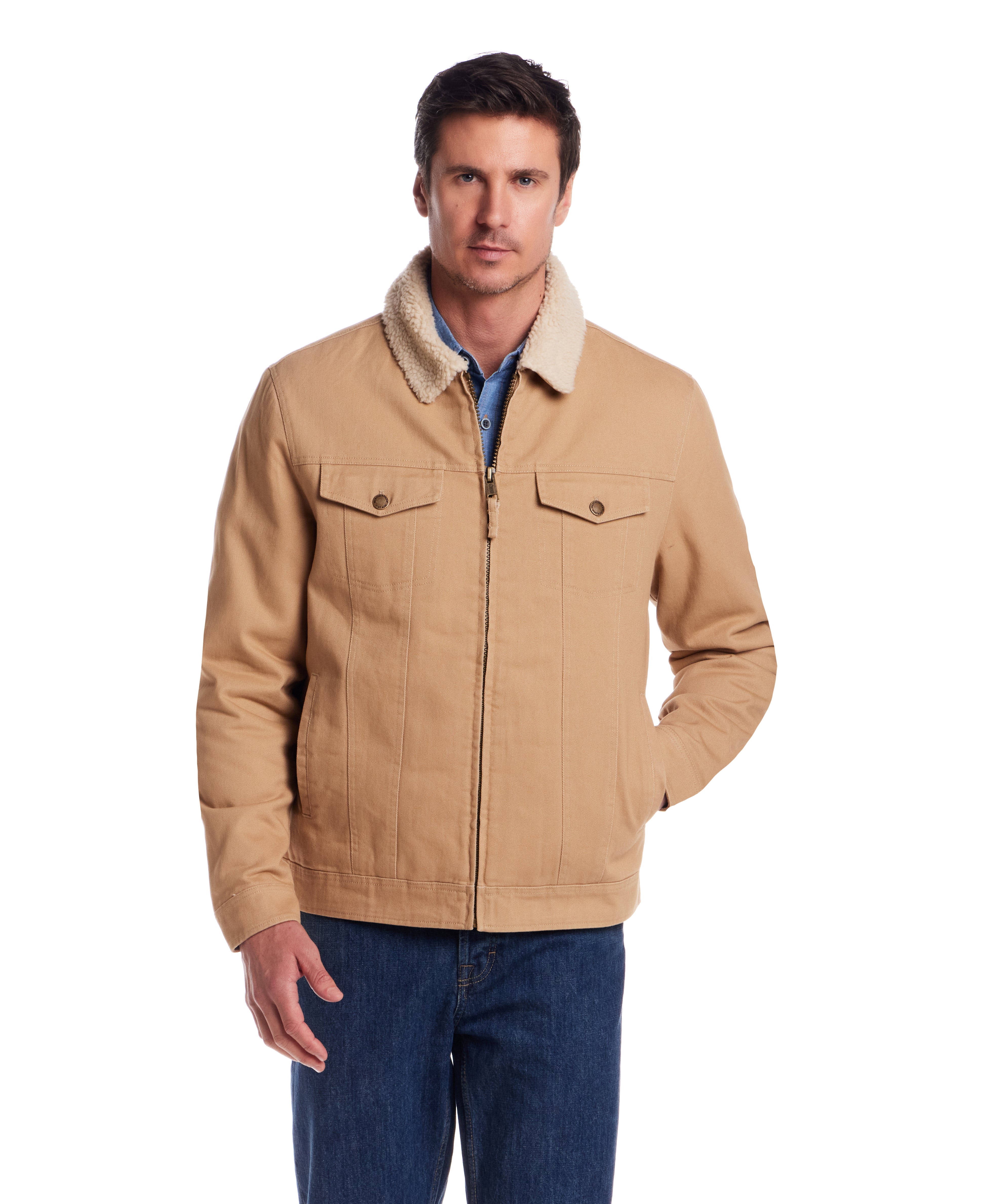 Sherpa Lined Canvas Twill Trucker in White Pepper