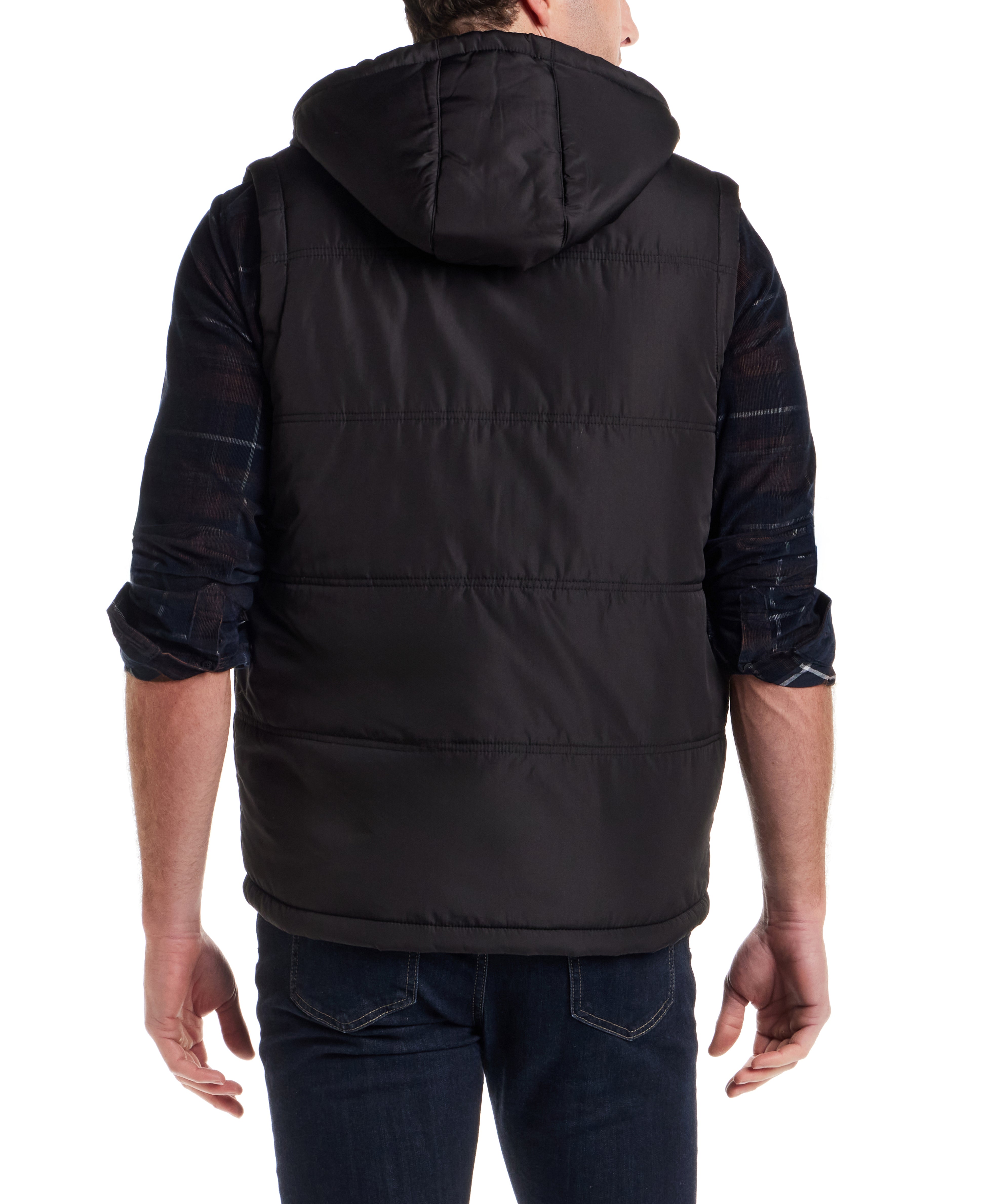 Sherpa Lined Hooded Puffer Vest in Black