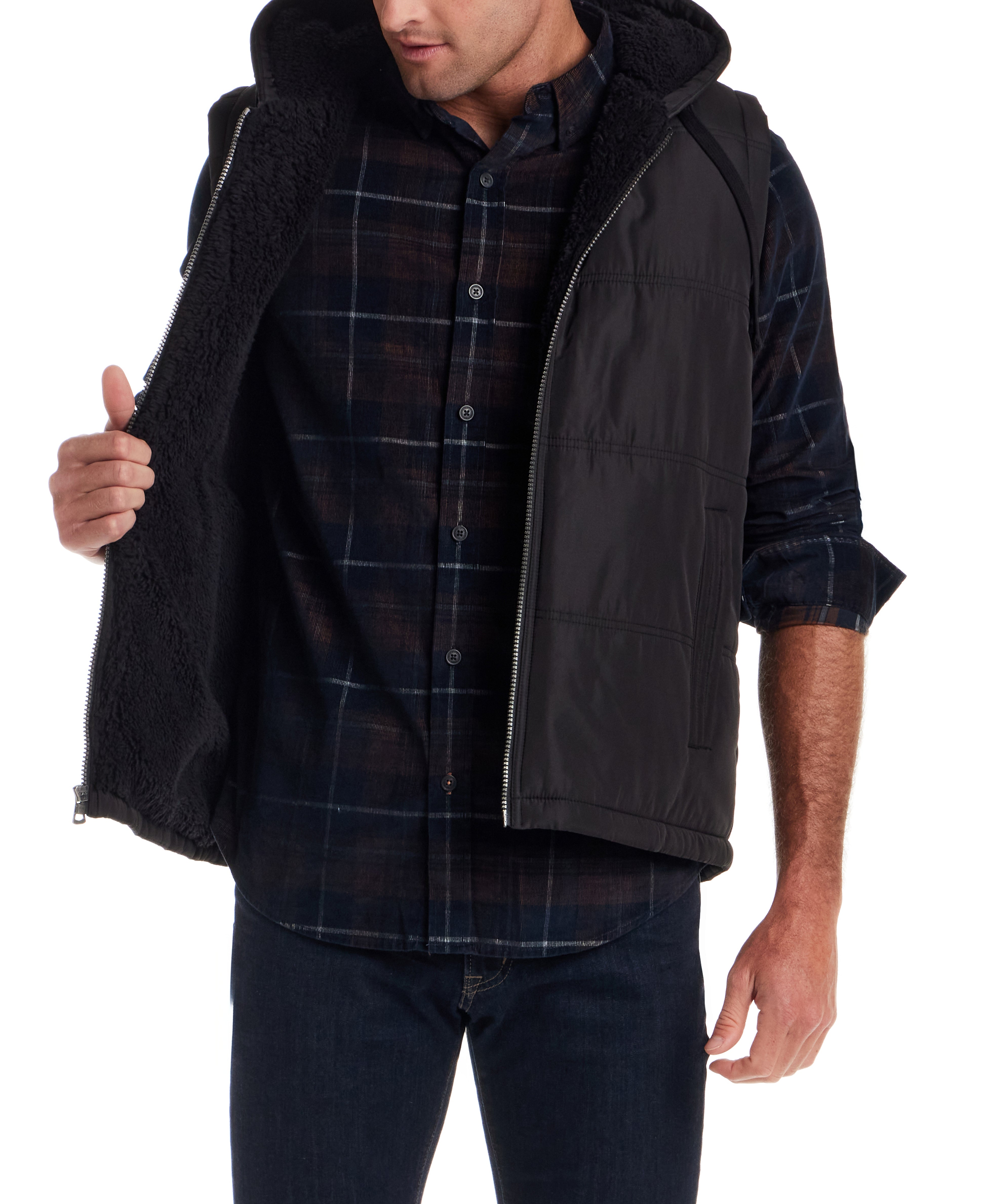 Sherpa Lined Hooded Puffer Vest in Black