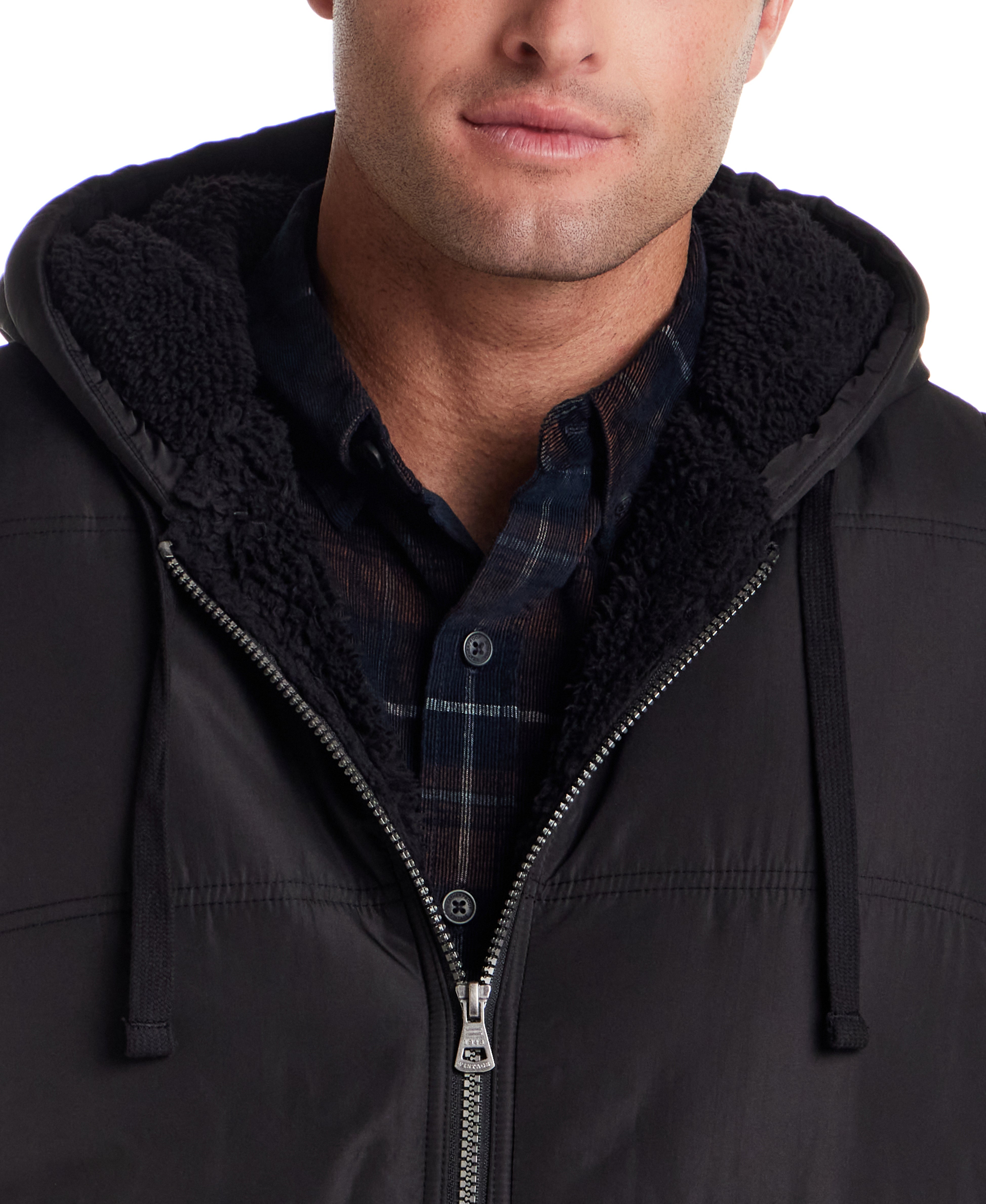 Sherpa Lined Hooded Puffer Vest in Black