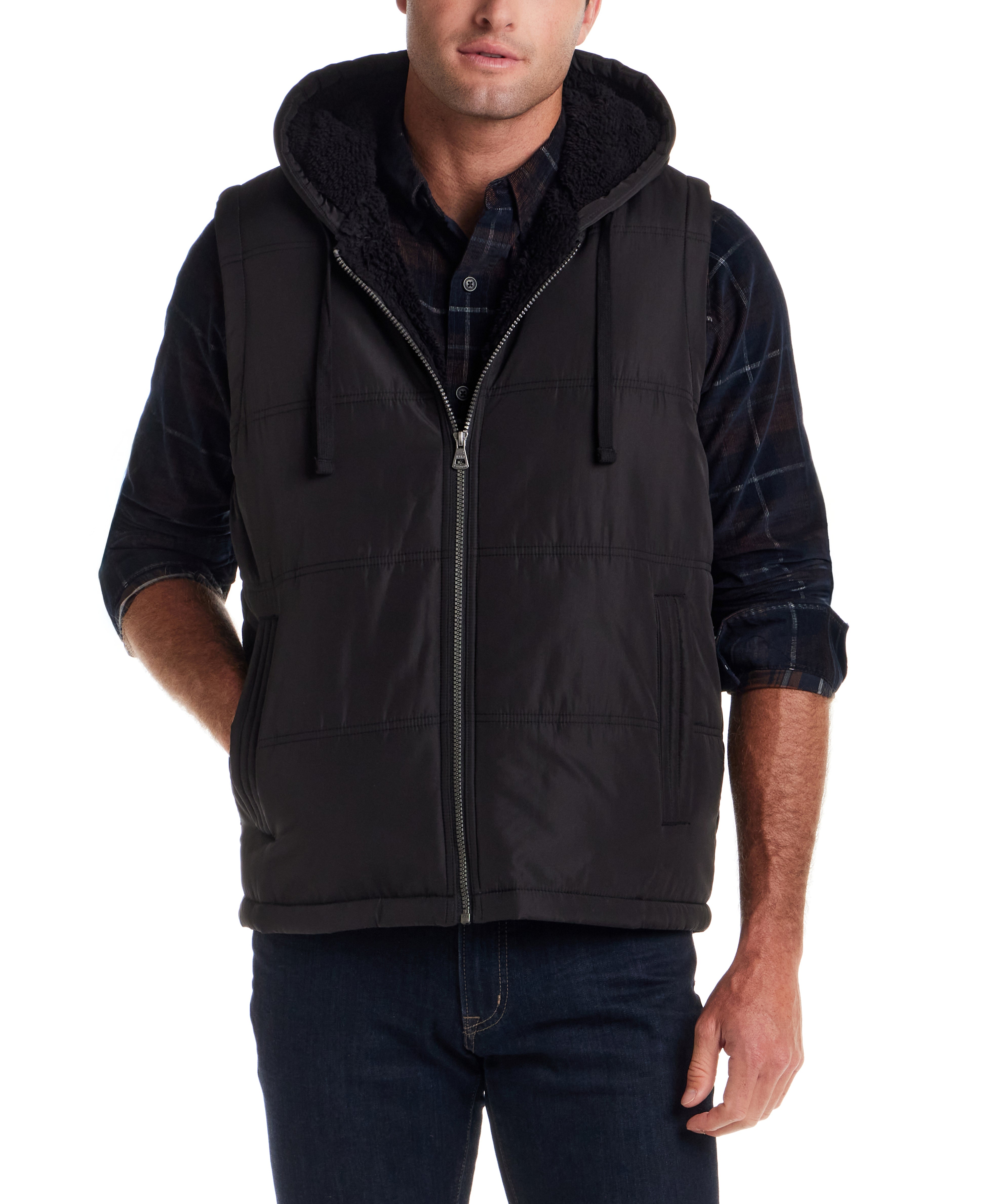 Sherpa Lined Hooded Puffer Vest in Black