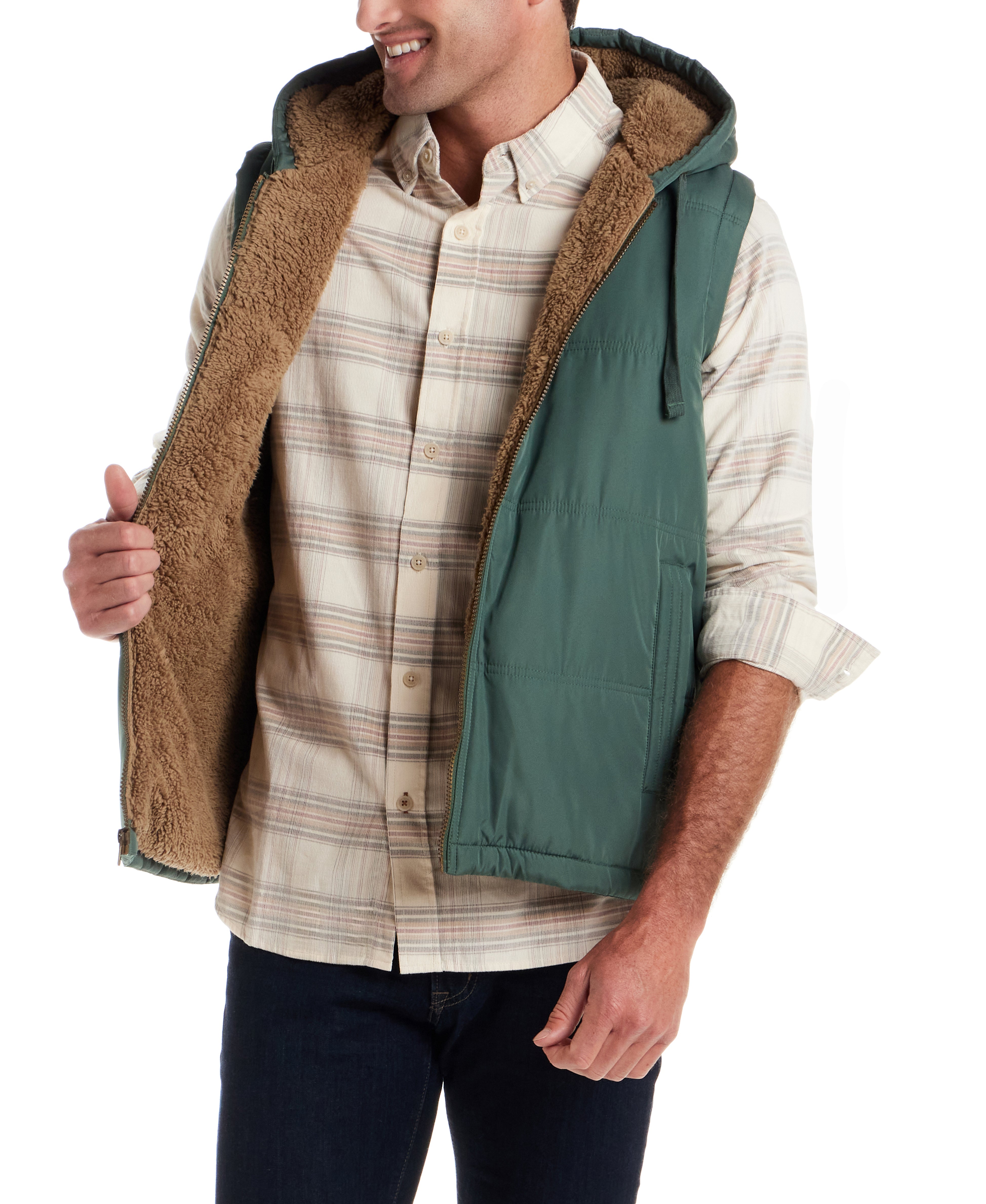 Sherpa Lined Hooded Puffer Vest in Duck Green