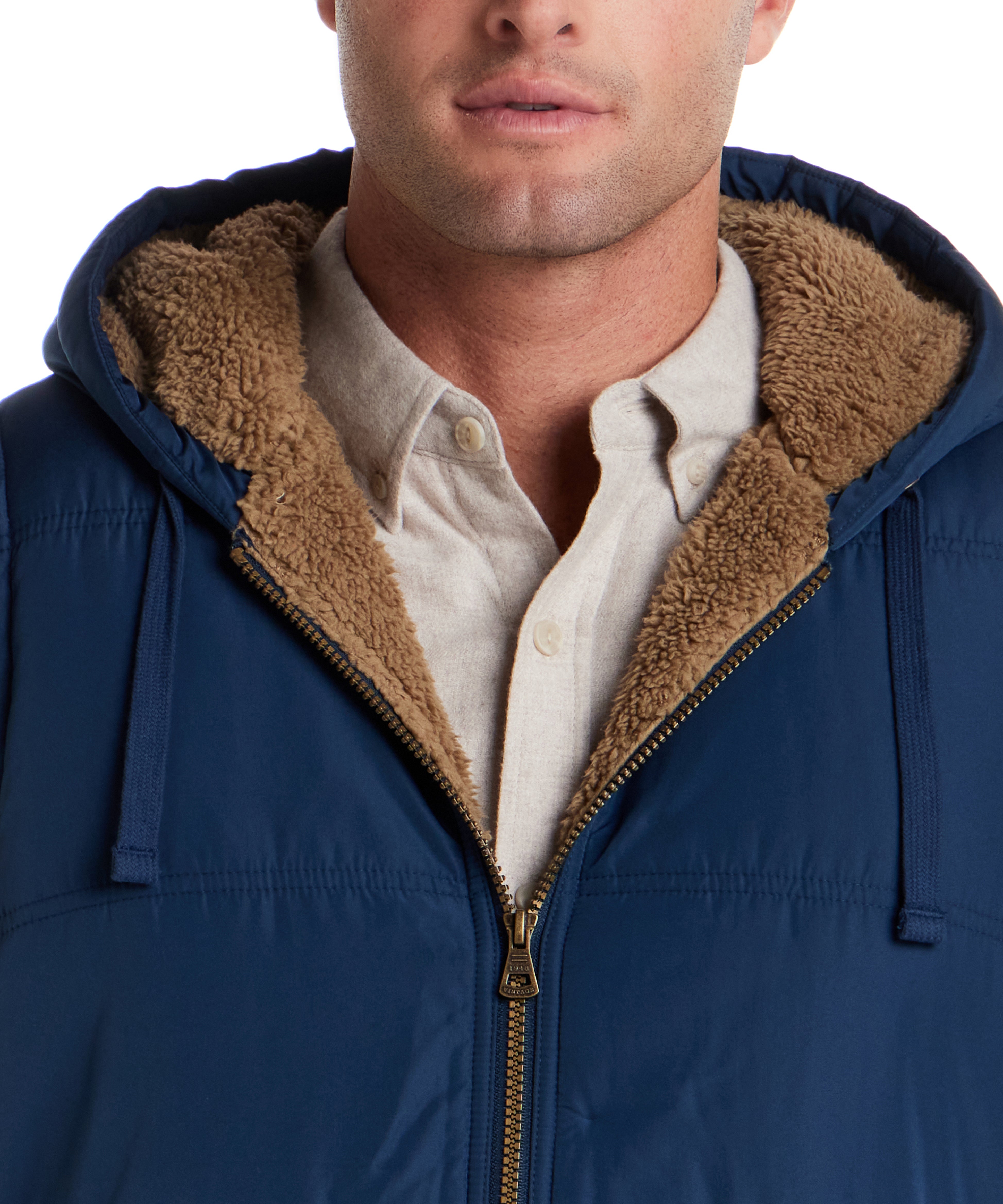 Sherpa Lined Hooded Puffer Vest in Insignia Blue SMALL INSIGNIA BLUE