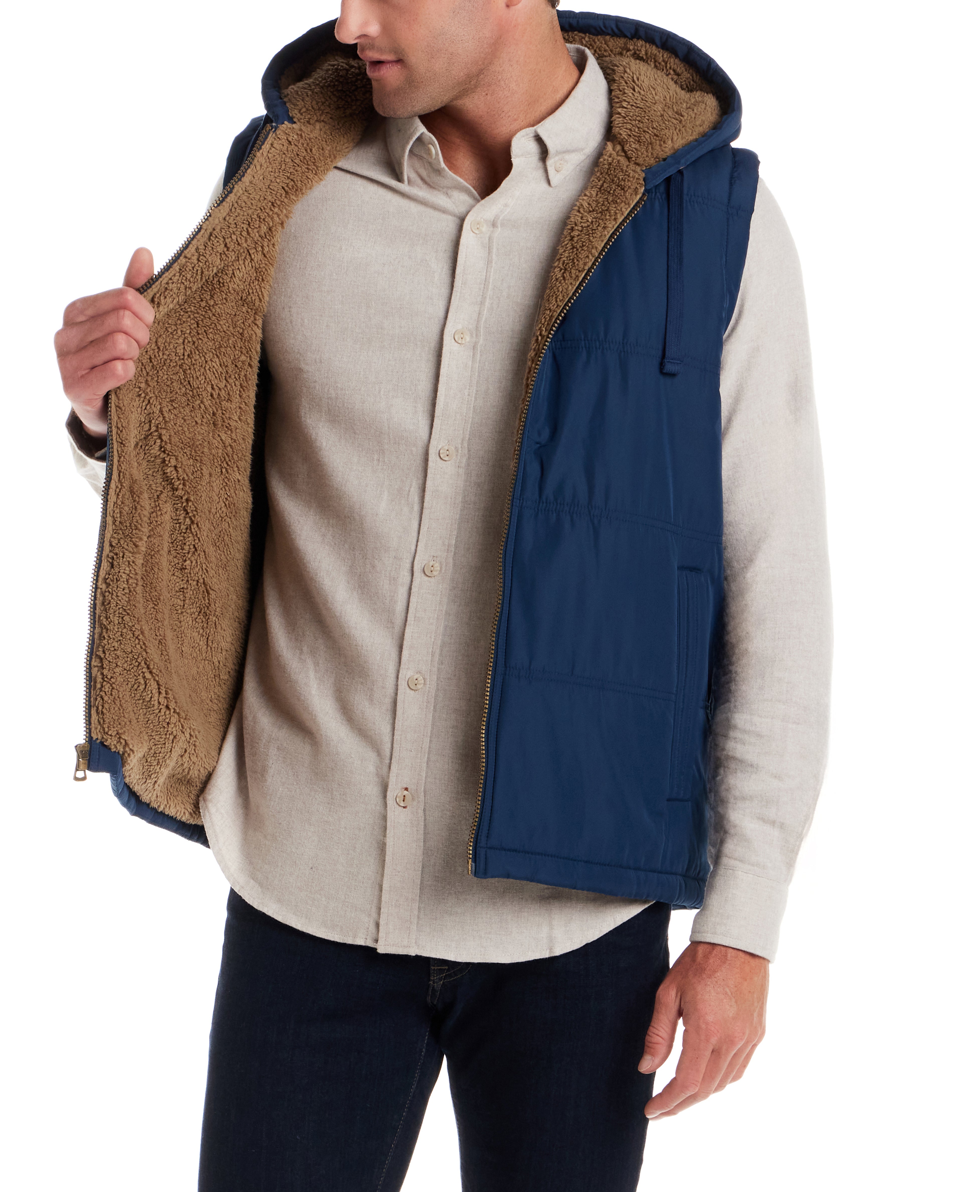 Sherpa Lined Hooded Puffer Vest in Insignia Blue