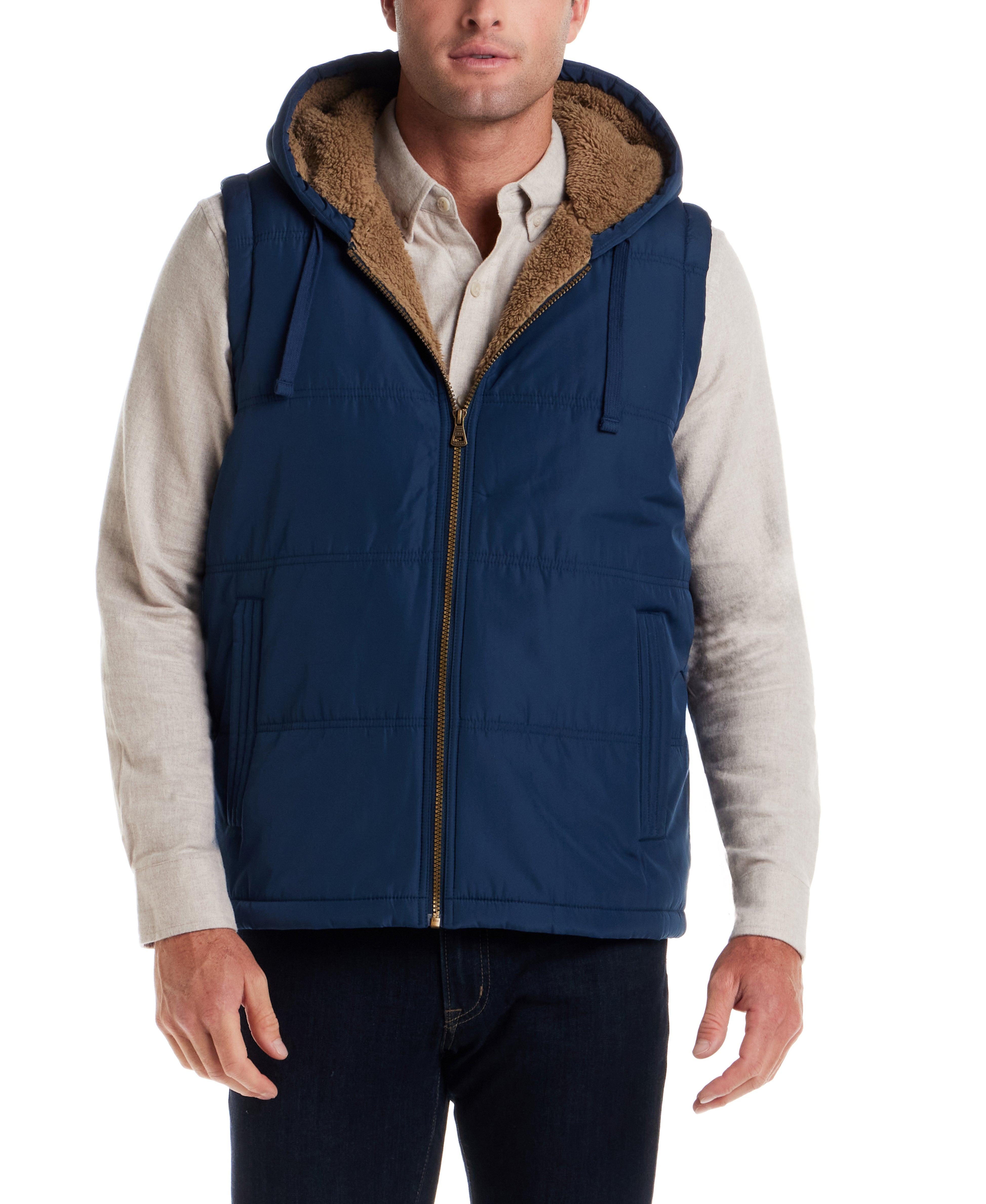 Sherpa Lined Hooded Puffer Vest in Insignia Blue