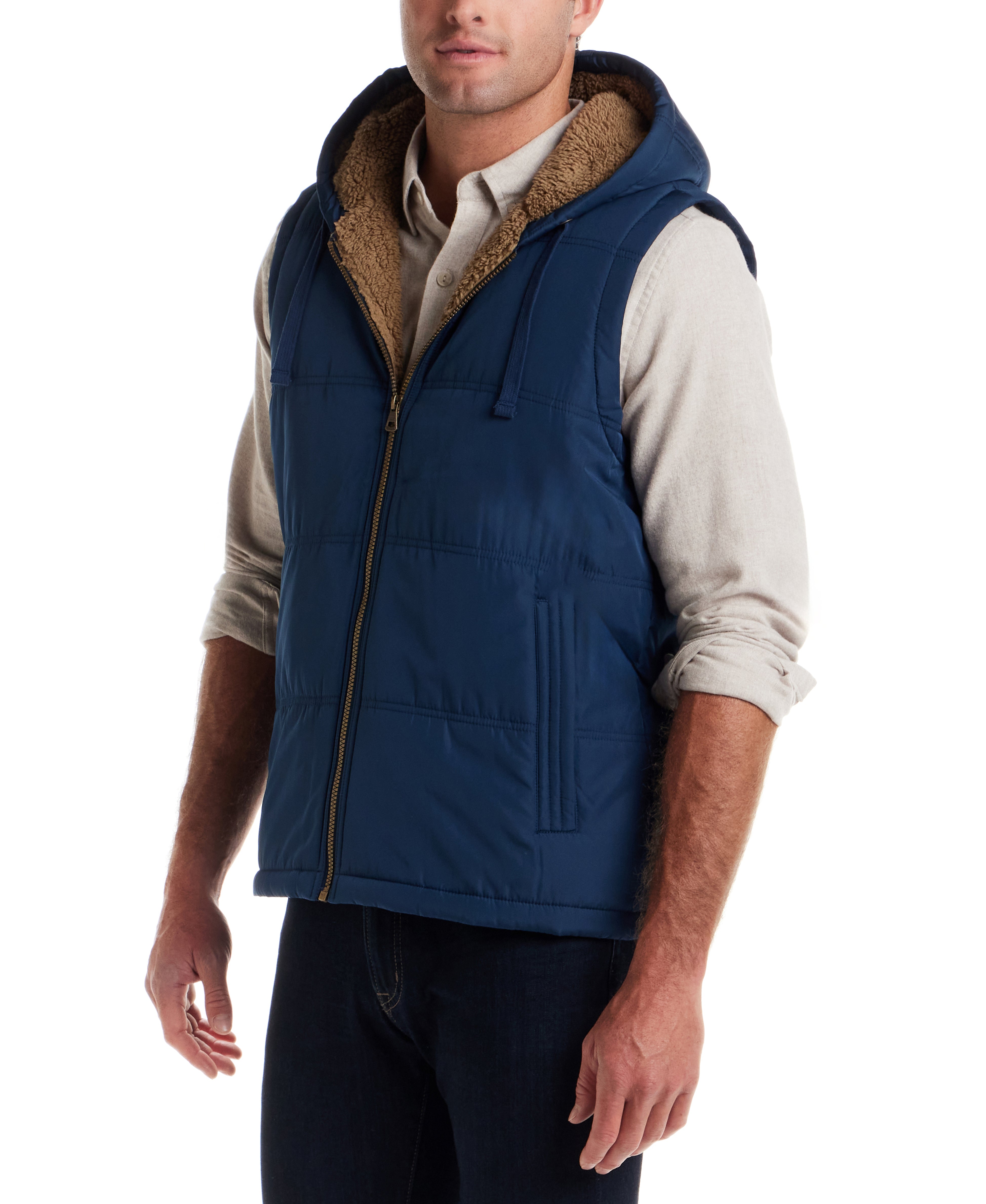 Sherpa Lined Hooded Puffer Vest in Insignia Blue
