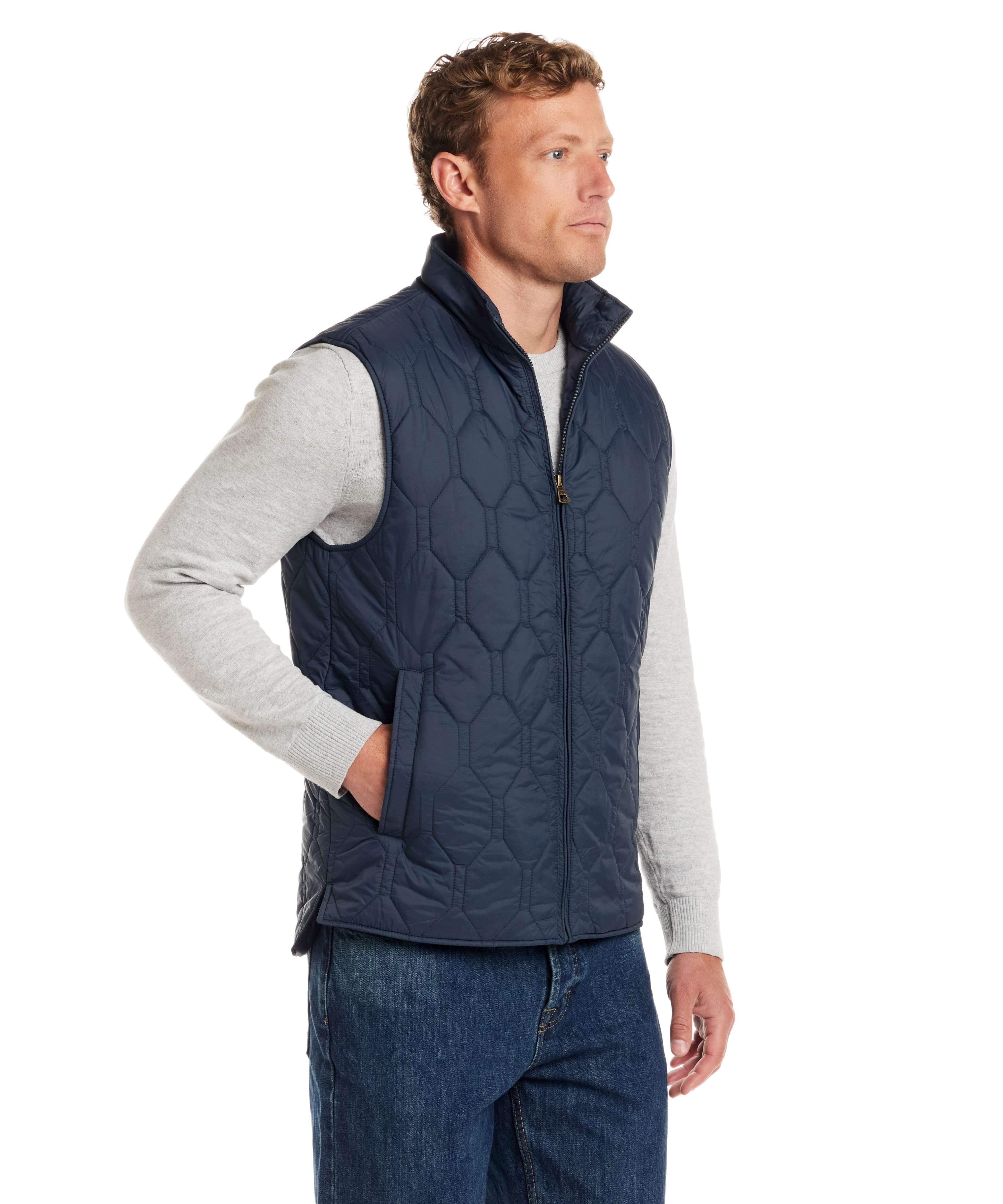 Hexagon quilted lightweight vest in slate blue, featuring a front zipper and mock neck, perfect for casual wear.