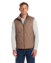 Hexagon quilted lightweight vest in brown, featuring front zipper and mock-neck, ideal for outdoor rugged charm.