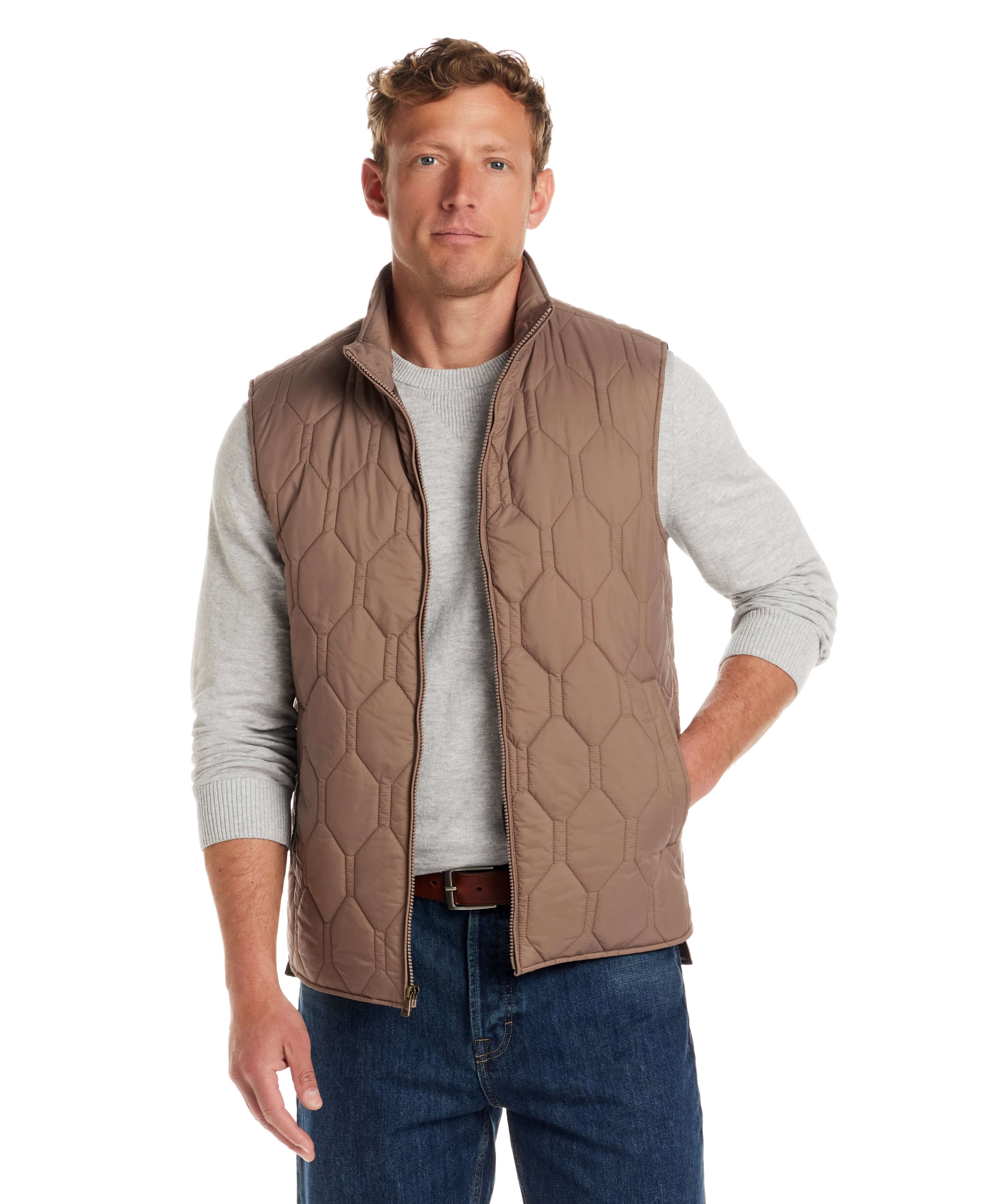 Hexagon quilted lightweight vest in mountain trail, featuring a front zipper and mock-neck style, perfect for rugged outdoor charm.