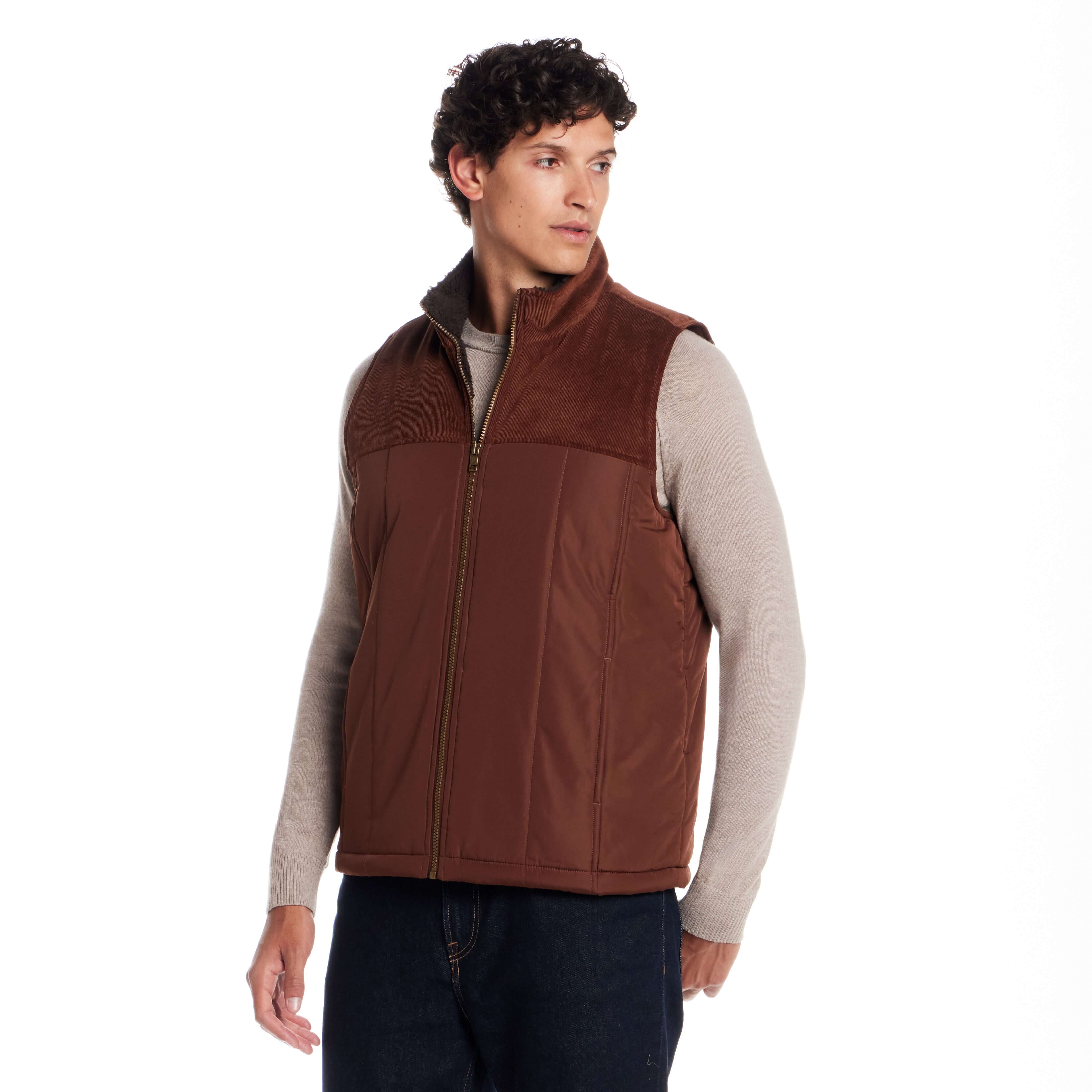 Sherpa Lined Mixed Media Puffer Vest in Cappuccino | Weatherproof