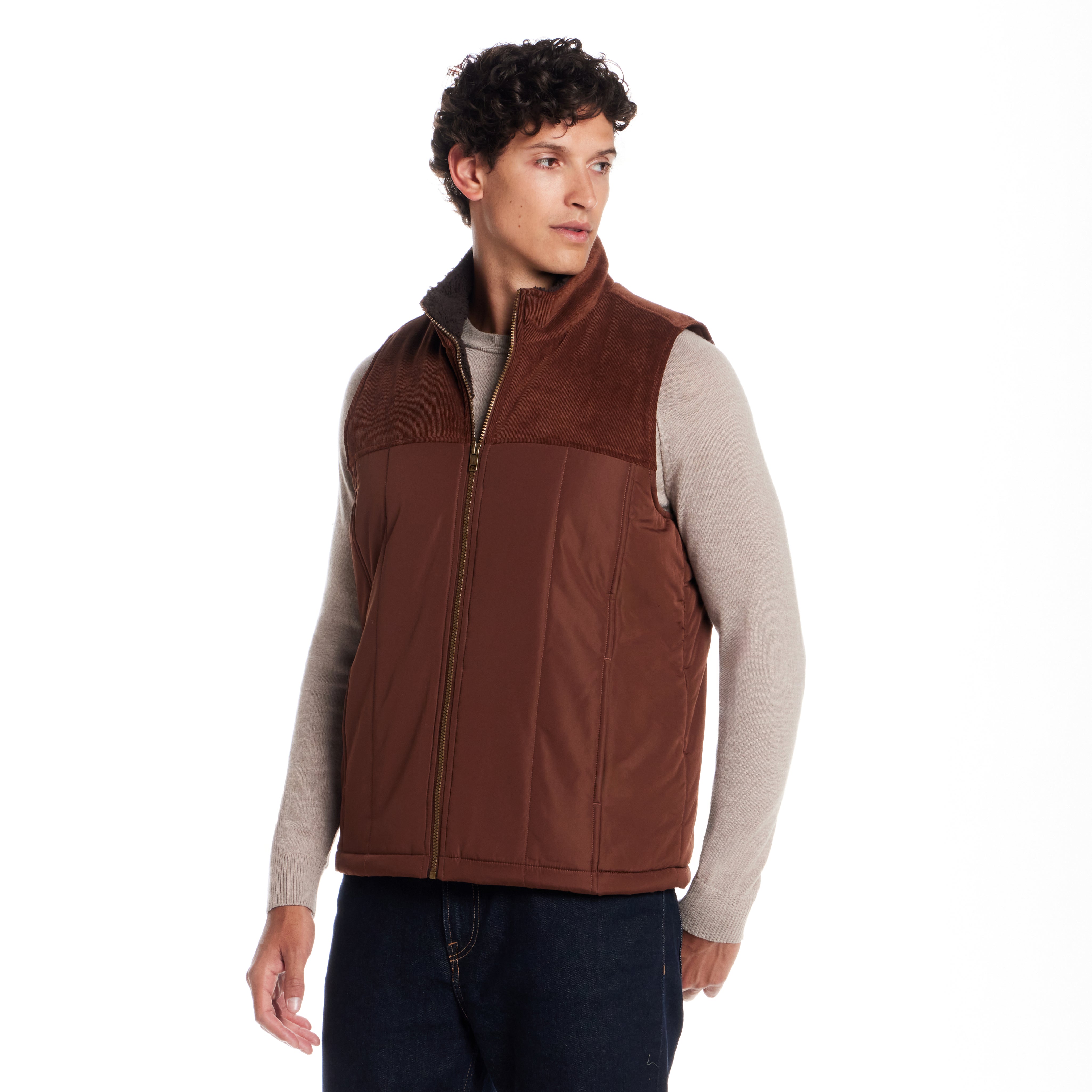 Sherpa Lined Mixed Media Puffer Vest in Cappuccino