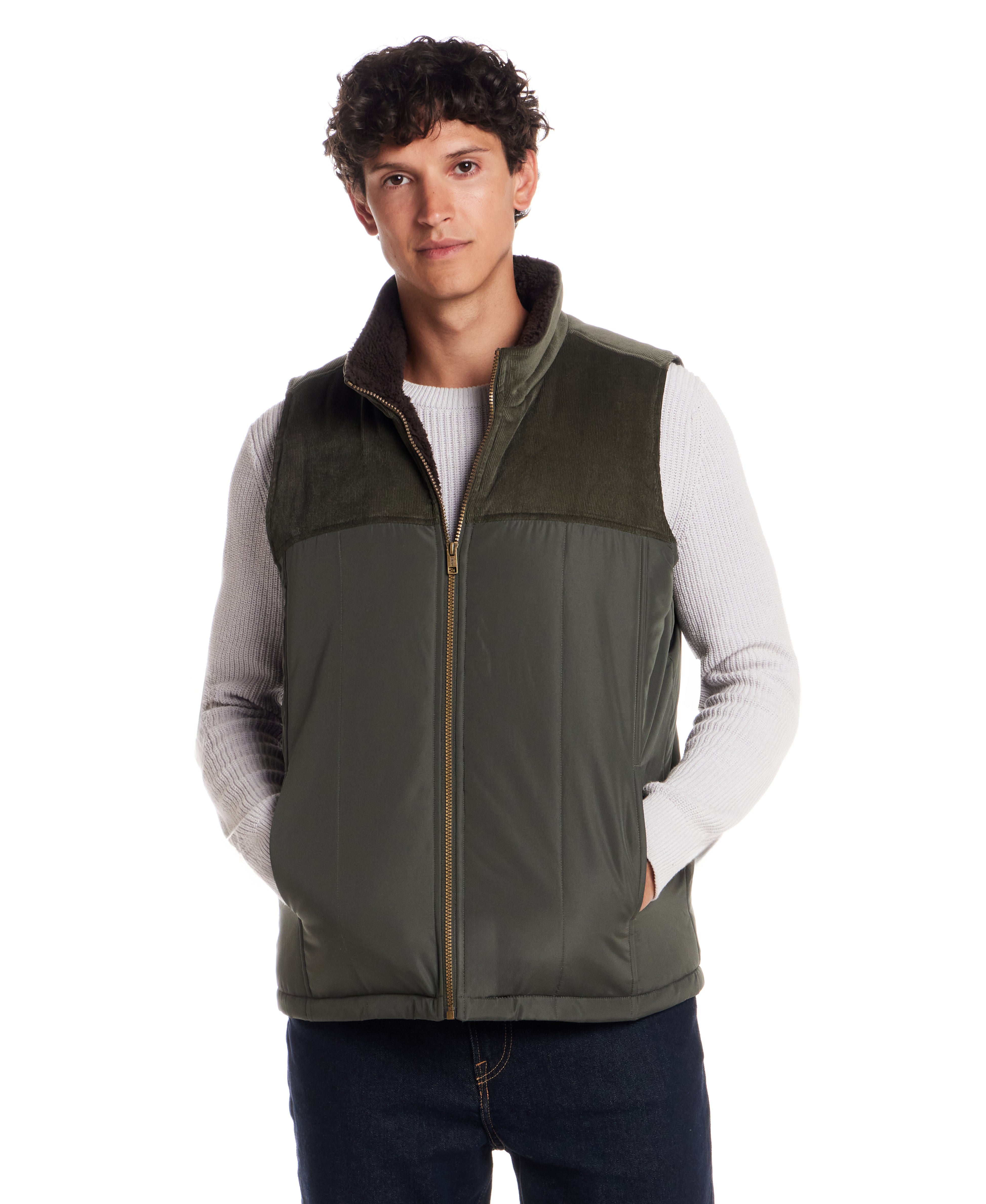Sherpa Lined Mixed Media Puffer Vest in Kambaba Olive