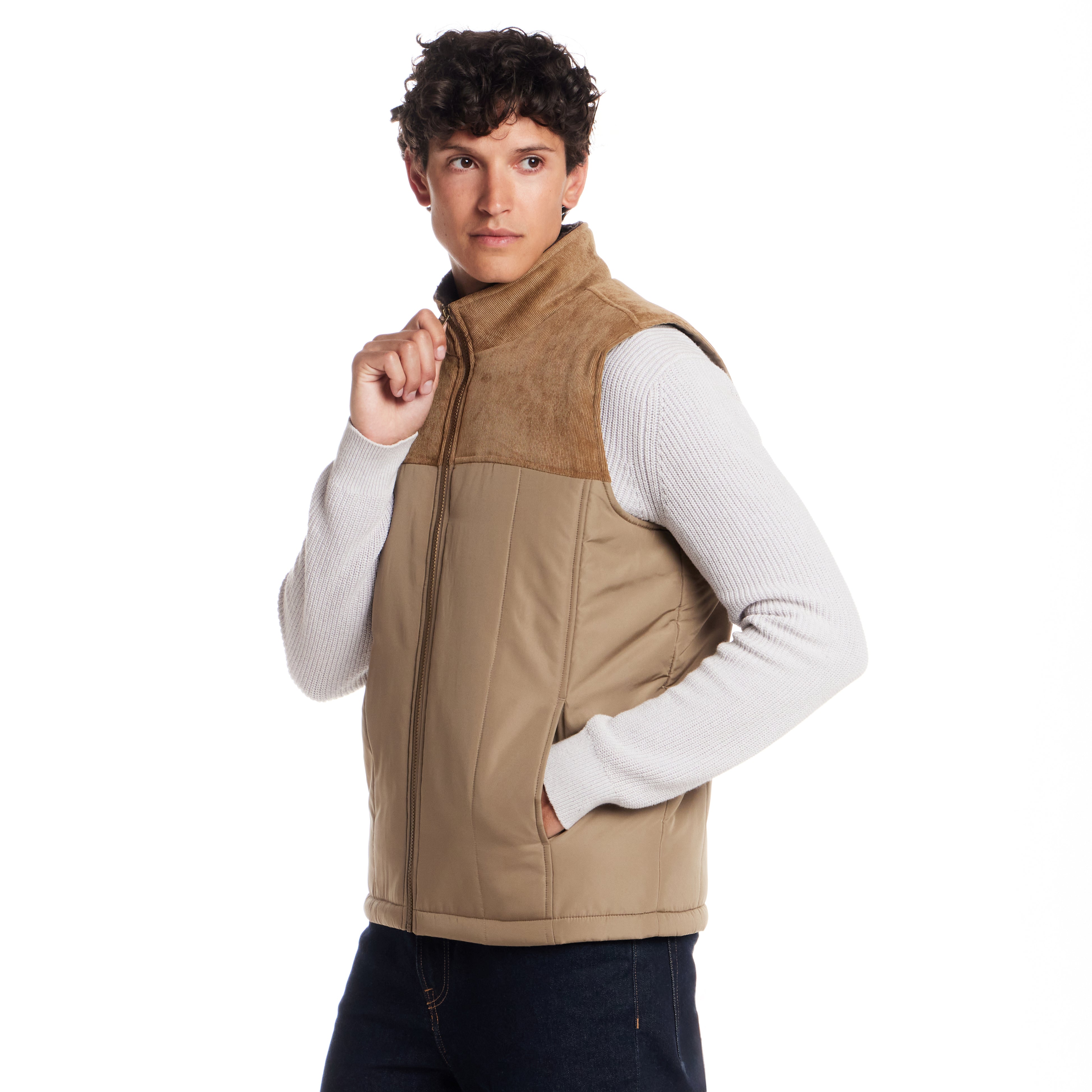 Sherpa Lined Mixed Media Puffer Vest in Kangaroo