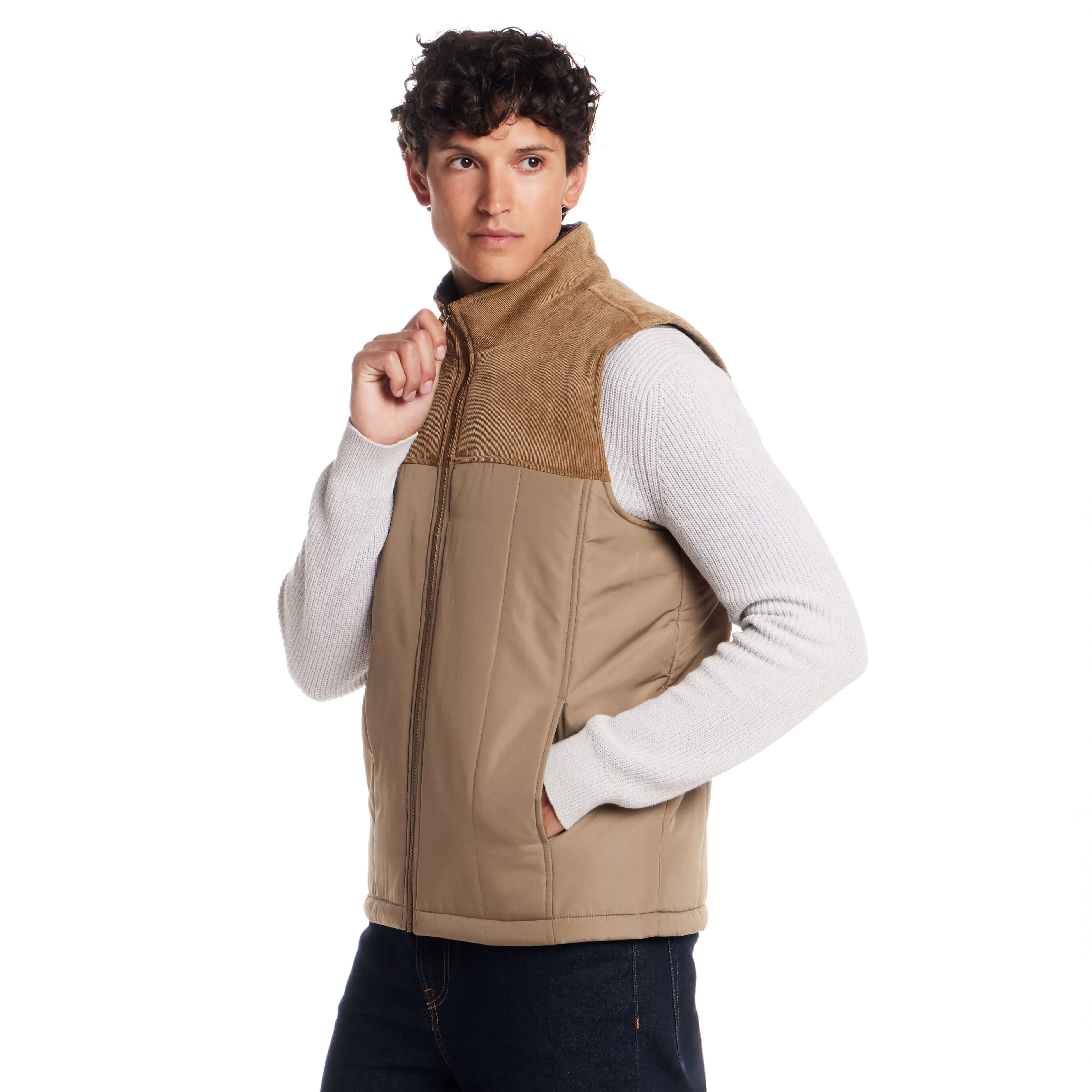 Sherpa Lined Mixed Media Puffer Vest in Kangaroo worn by a model showcasing its rugged design and soft sherpa lining.