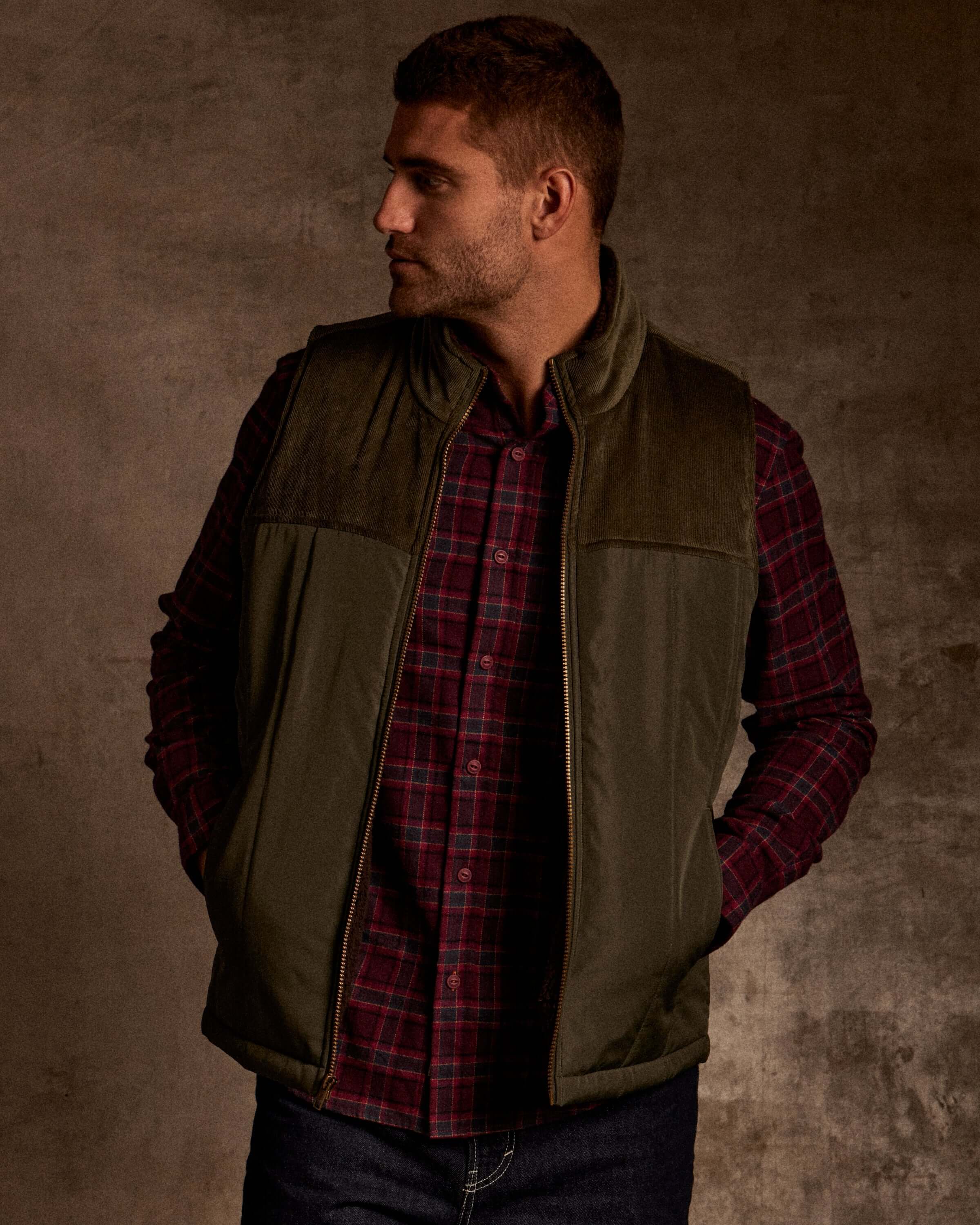 Sherpa Lined Mixed Media Puffer Vest in Kambaba Olive