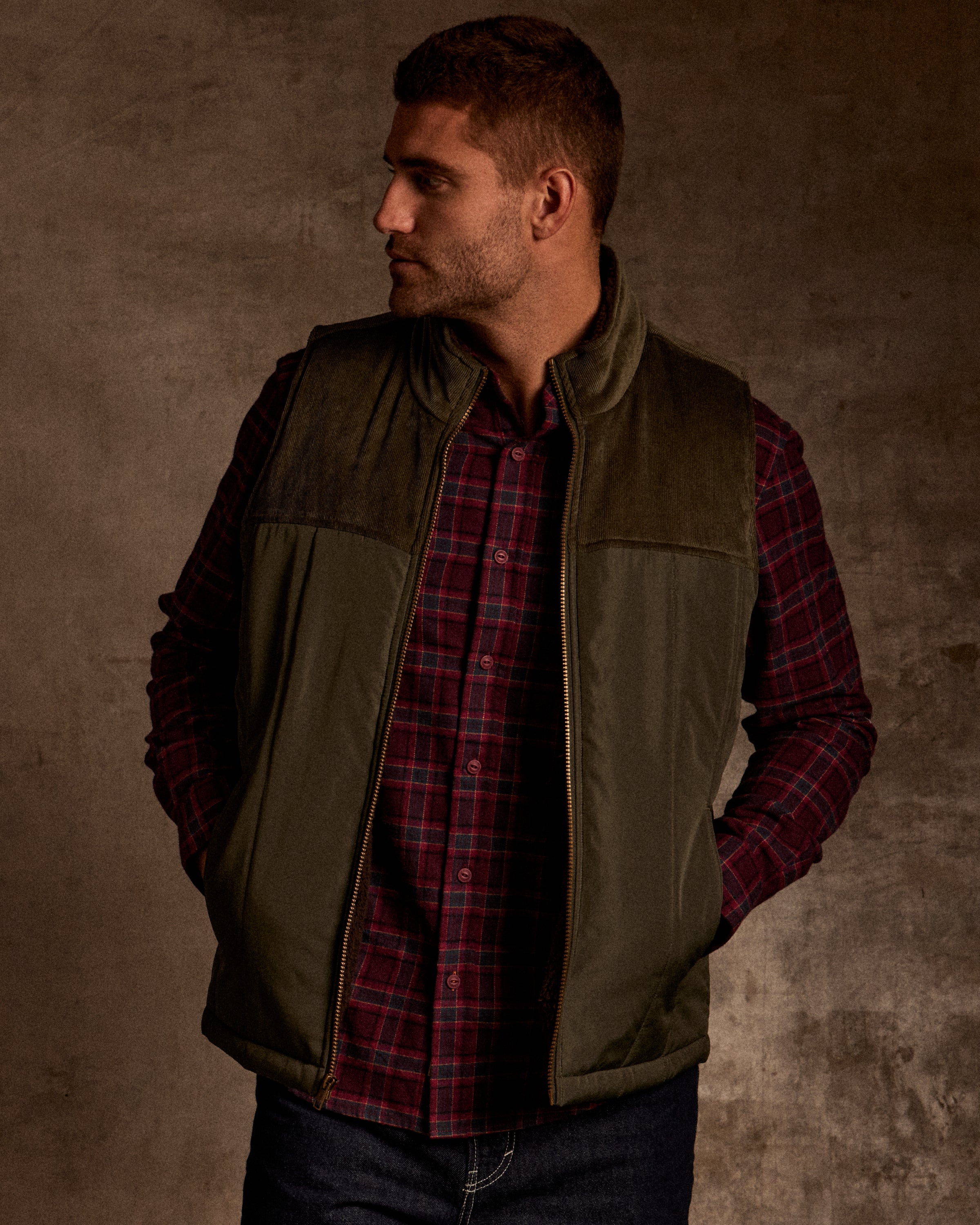 Sherpa Lined Mixed Media Puffer Vest in Kambaba Olive