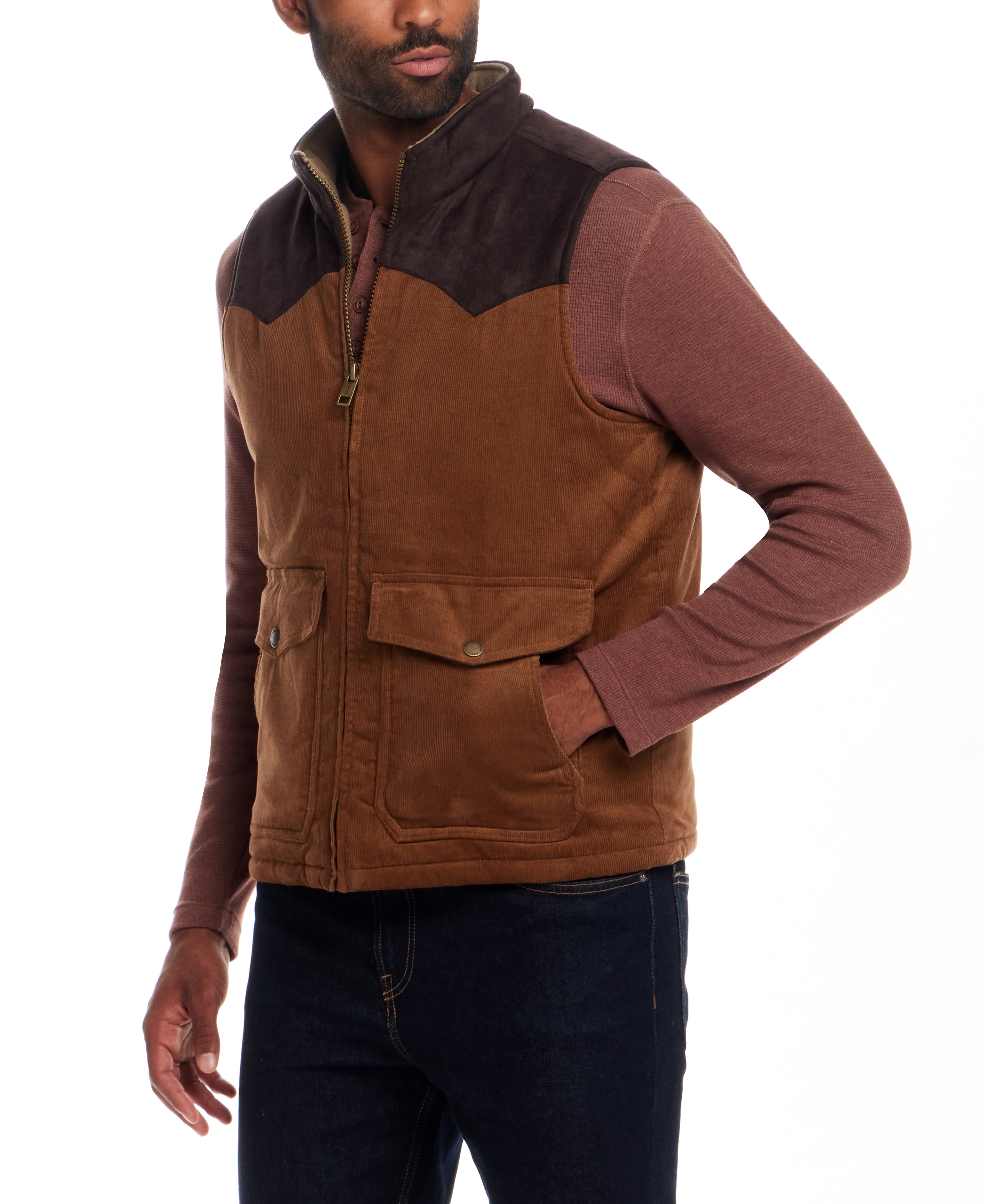 Western Cord and Suede Vest in Chocolate Torte