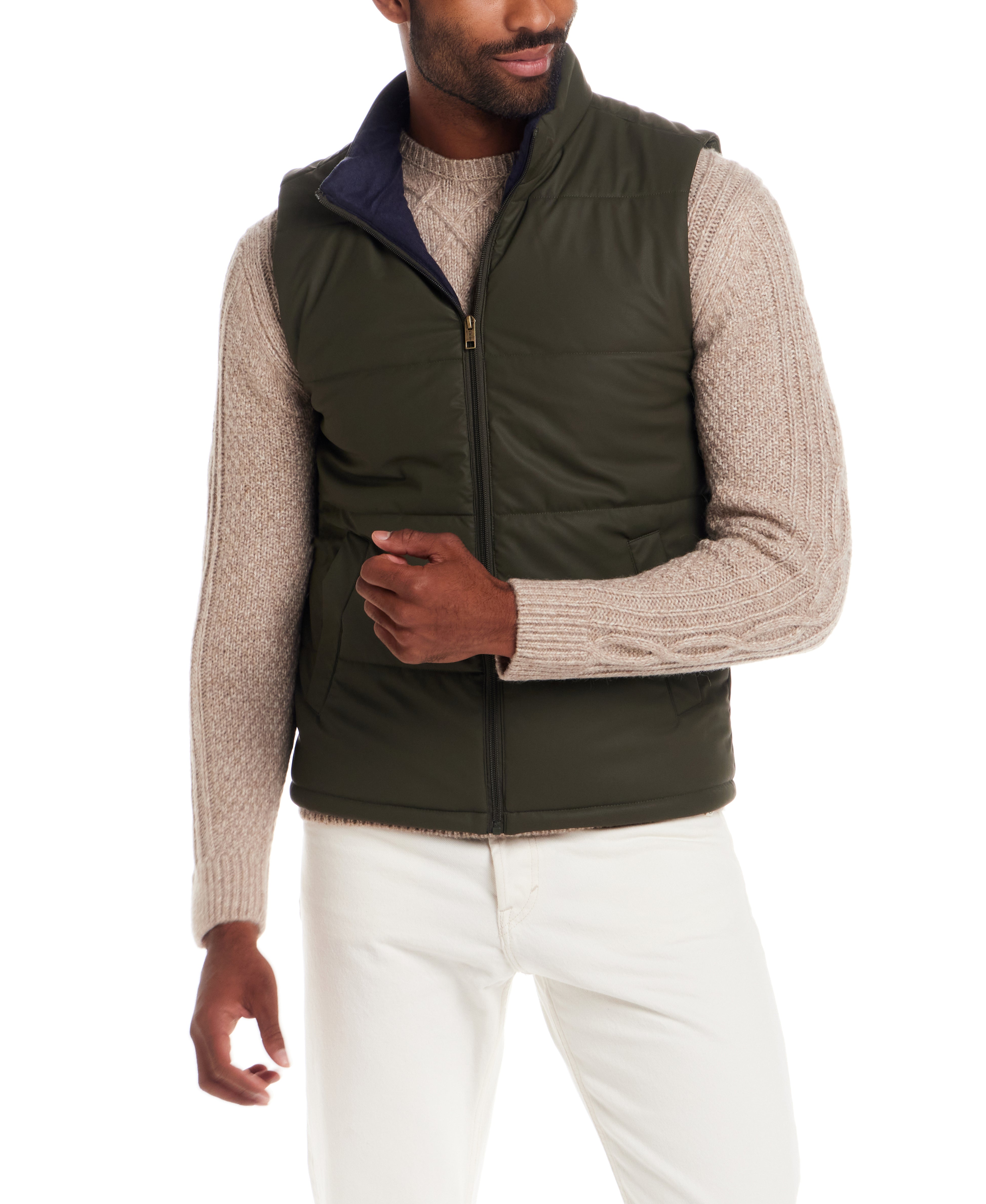 Matte Coated Shell Puffer Vest in Kambaba Olive