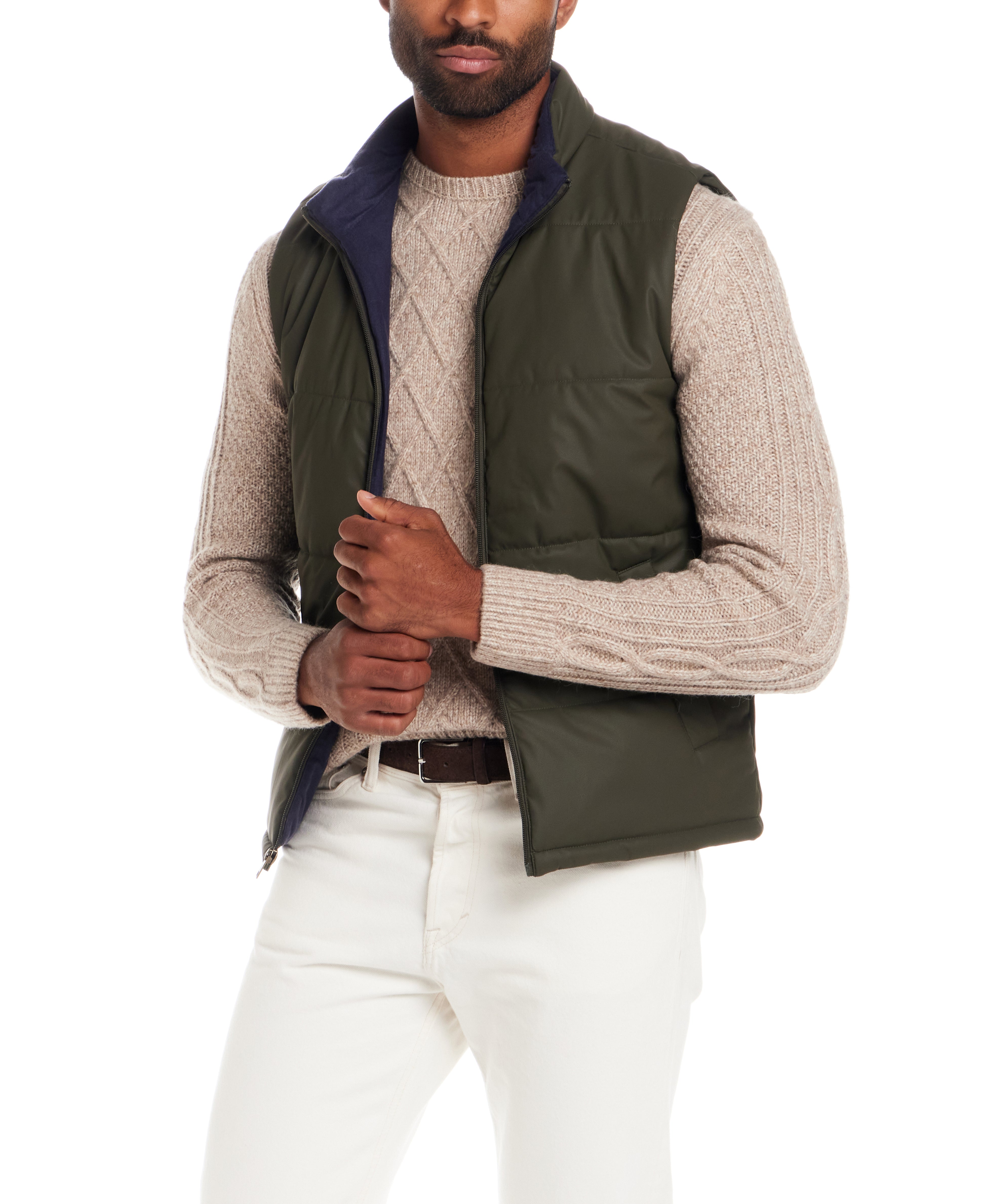 Matte Coated Shell Puffer Vest in Kambaba Olive