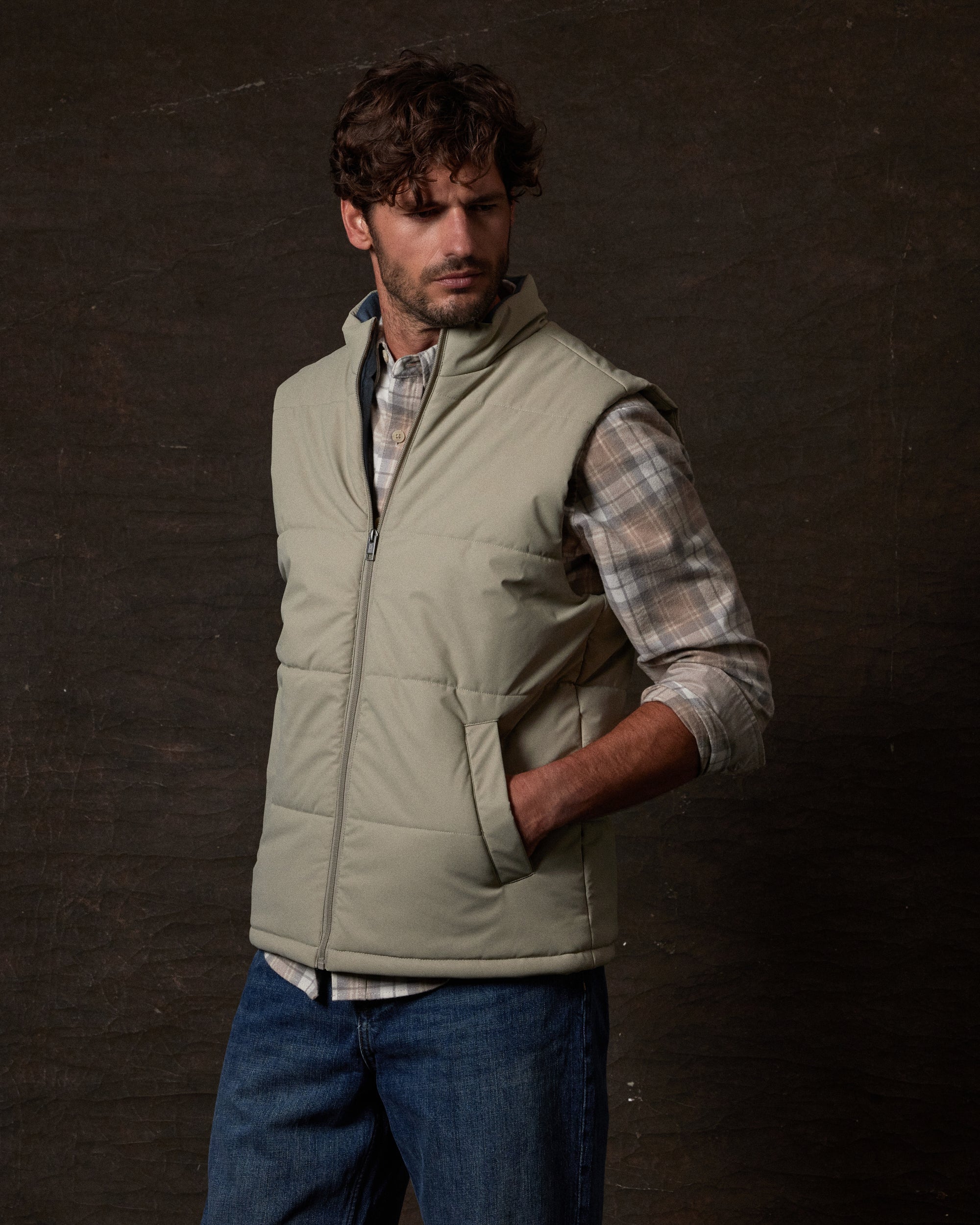 Matte Coated Shell Puffer Vest in Abbey Stone