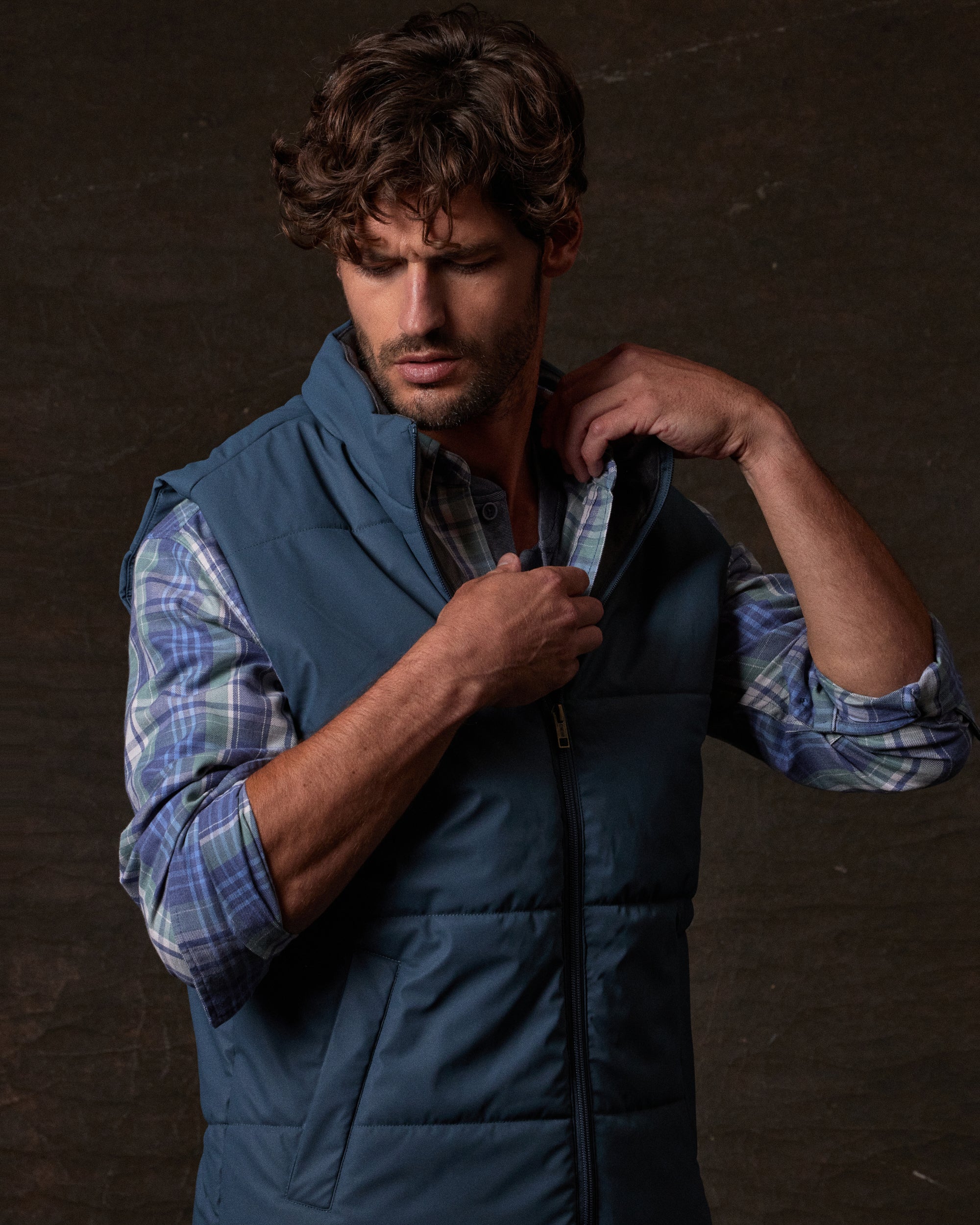 Matte Coated Shell Puffer Vest in Slate Blue
