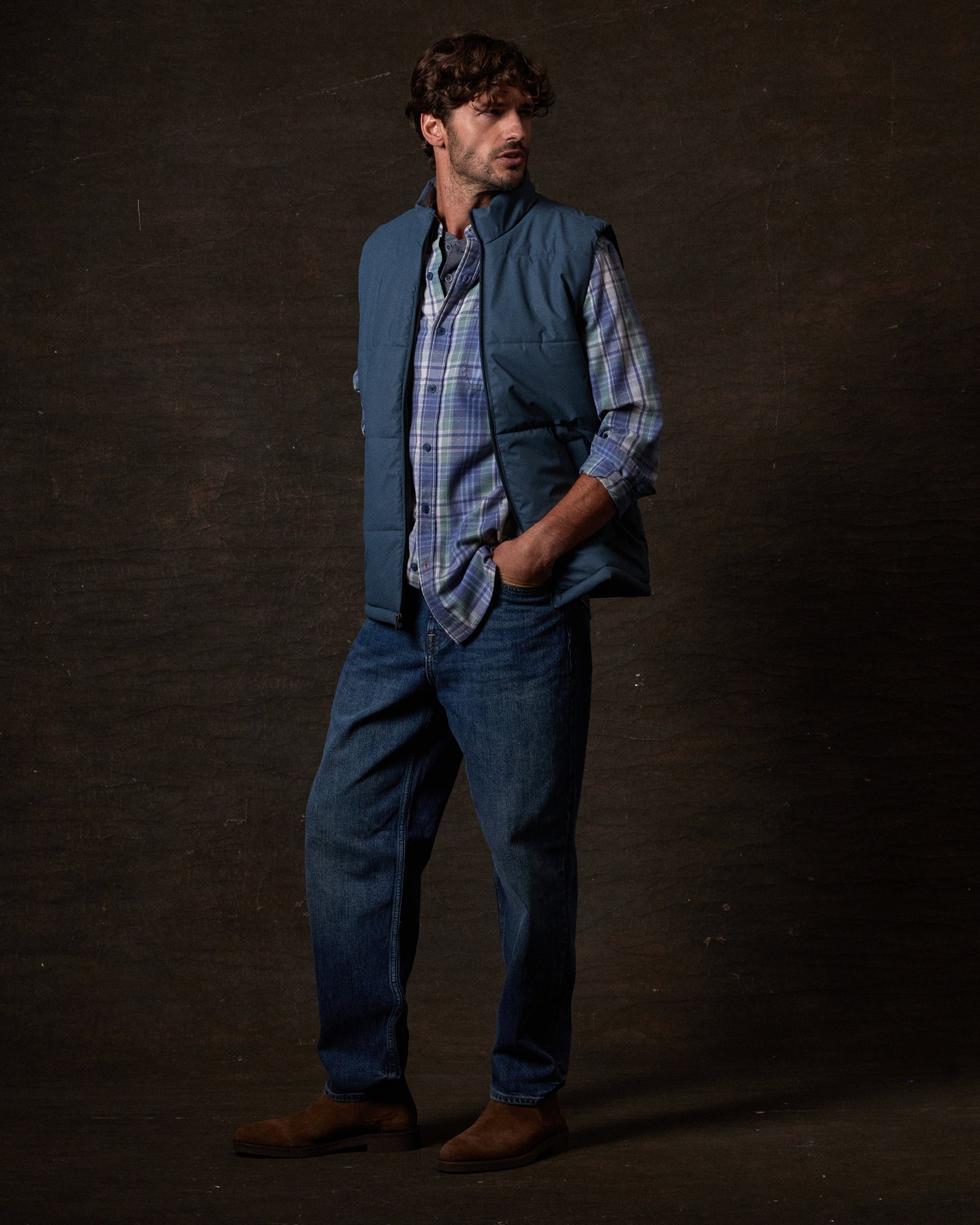 Matte Coated Shell Puffer Vest in Slate Blue