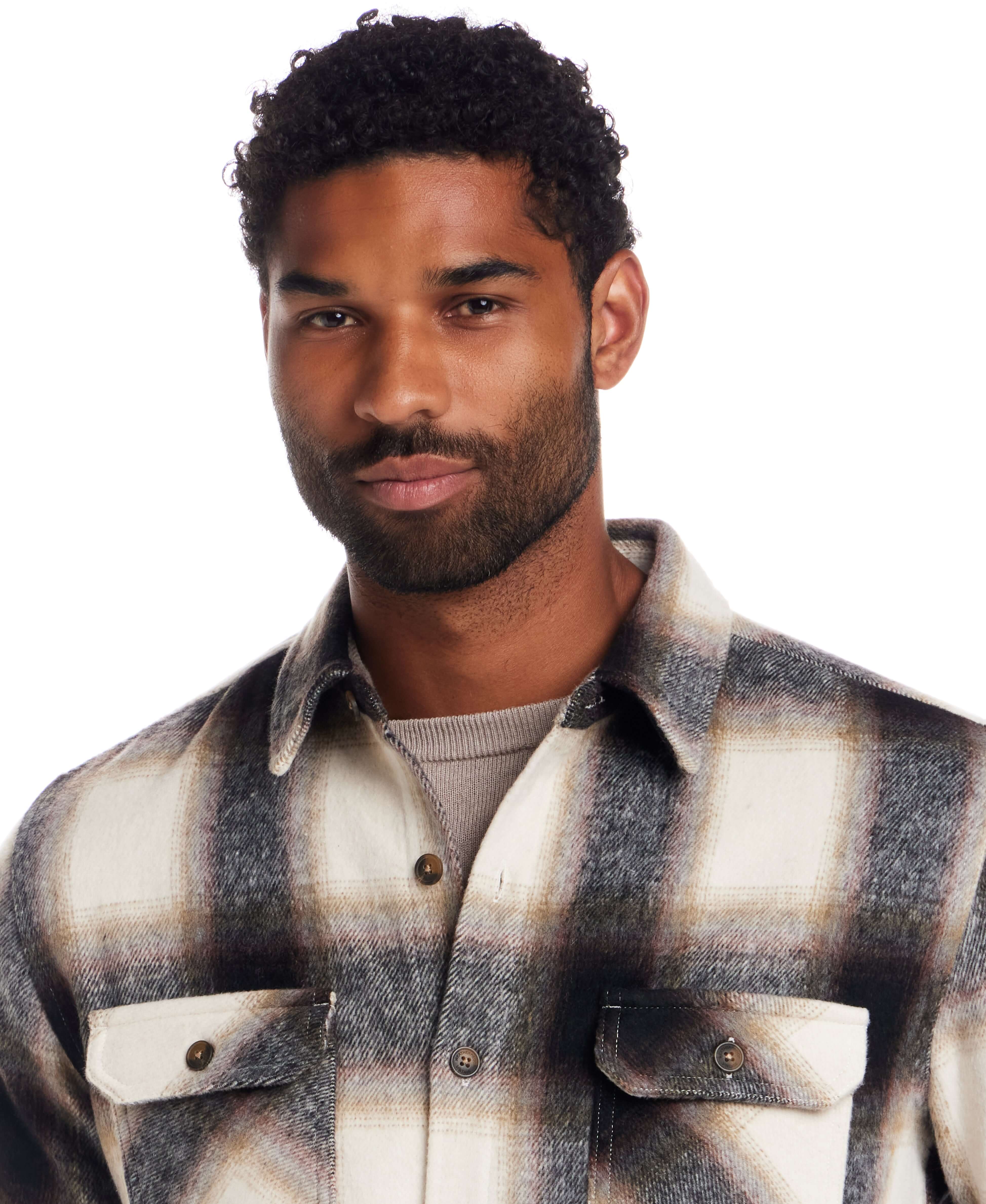 Brushed Unlined Plaid Shirt Jacket in Chocolate Cream